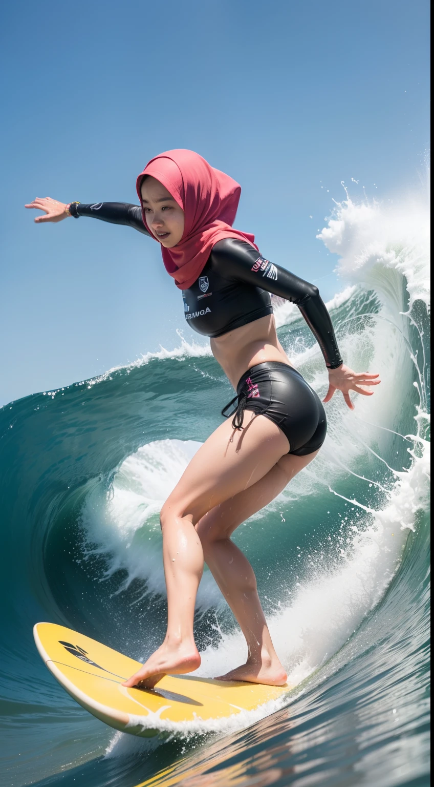Realistic surfing action, Full body shot,masterpiece,hight resolution,ultra-detailliert,ultra-quality, 8K Portrait Photo,Realistic,glossy wet skin, surfing skill, bend knee, mira filzah face, Solo malay Girl, wear hijab, (mira filzah: 1.3) ,Wetty ,Wet hijab, perform surfing, surf, (Surfing, Tube Waves:1.3,),(Stand on a colorful surfboard:1.3,),Perfect body, small breast, small waists, wide hips, thick thighs,Wearing a pink mini bikini, The performance of the winner in the international surfing competition、surfing, Looking at Viewer, Sunlight, Beautiful hands, Beautiful Finger、