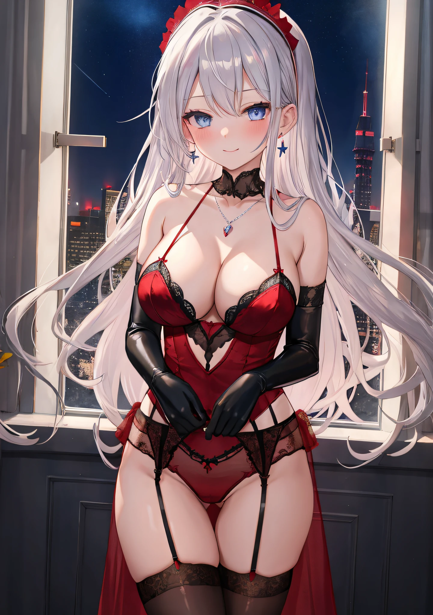 (masterpiece:1.3), (best quality:1.3), Girls, Silver hair, blue eyes, Boobs, cleavage, Transparent Red lingerie homedress, jewelry necklace, jewelry earrings, garter belt, red garter straps, blush, calm smile, headband, black stockings, standing, Bedroom, night time, night city background, night sky, starry sky, Ray tracing, HD, cinematic lighting, hands on cheeks, window behind back, red elbow gloves