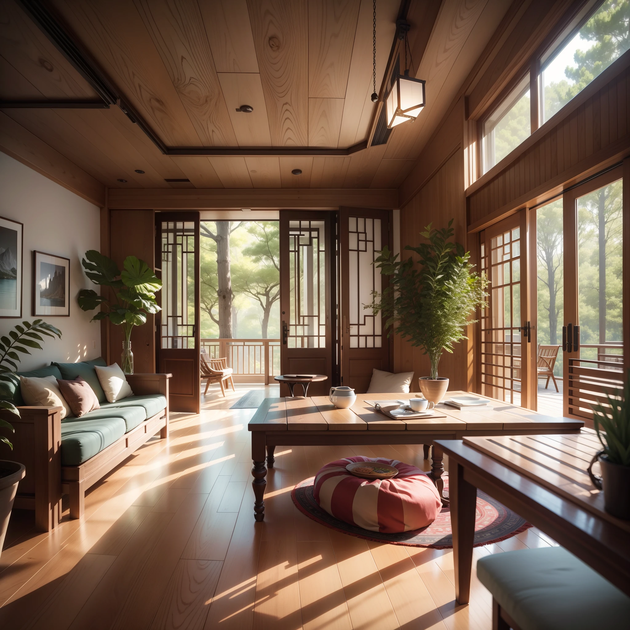 interior design、Insanely detailed wide-angle architectural photo、Cozy contemporary living room、(Bright and warm sunlight 1:0.1)、Award-winning contemporary interior design、landscapes、The table、a chair、in a house、Wooden flooring、window、resturant、east asian east asian architecture、sliding paper doors、abajour、architectural、the woods、naturey、cups、a plant、interior design、Insert lighting and shadows、depth of fields、low illuminance