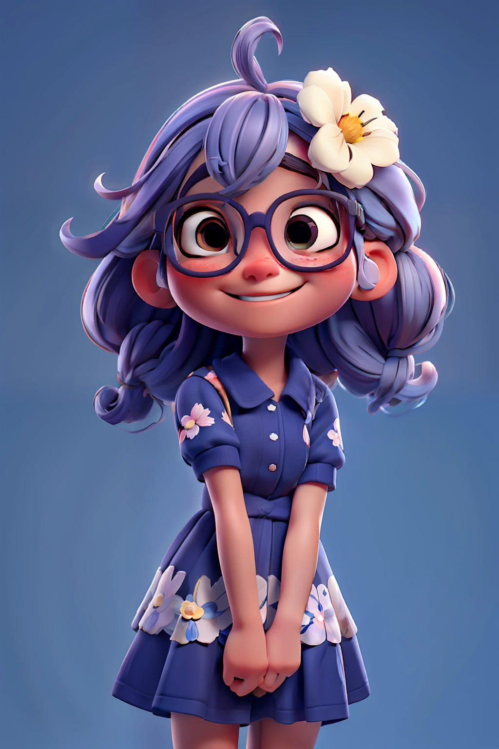 Menina feliz, cabelos encaracolados, eyeglass, hat on head, roupa floral