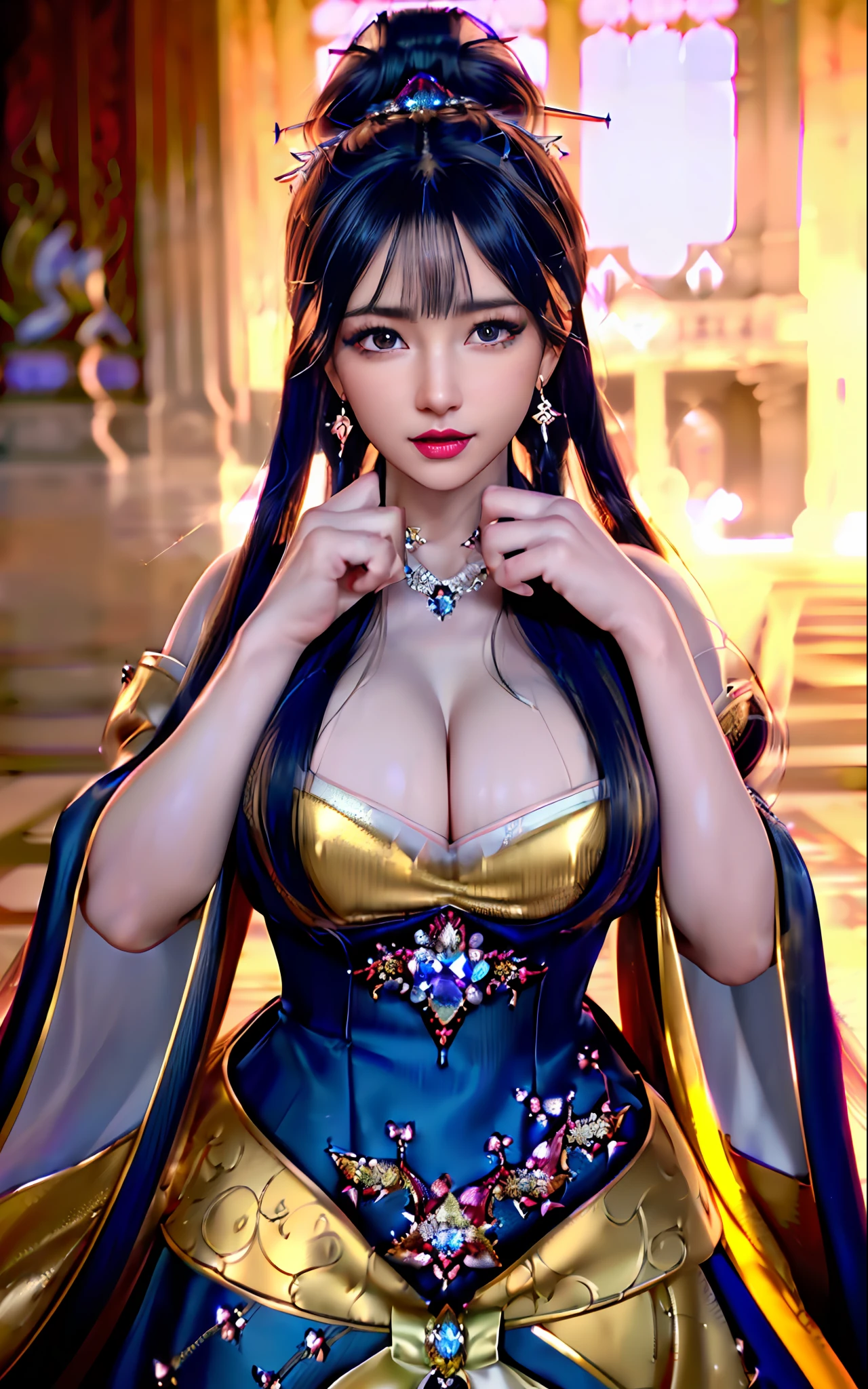((realisticity: 1.2)), ((realistic: 8K UHD)), ((best resolution: 8K UHD)), hyper detailed, best quality,masterpiece,highres,cg, ((1 girl hyper detailed and hyper realistic) ) , ((beautiful queen, hyper realistic and hyper detailed)),((white skin, beautiful, smooth, youthful, hyper realistic and hyper detailed )), ((Face hyper beautiful, white, hyper realistic and hyper detailed ) ), long hair, ((hyper realistic and hyper detailed dress)), solo, ((hyper realistic, hyper beautiful, beautiful and hyper detailed jewelry)), ((hyper beautiful deep red and golden yellow dress, hyper realistic and hyper detailed )) , ((Her pretty, hyper realistic, hyper detailed diamond filled earrings)), ((Her gorgeous diamond haircut, hyper realistic and hyper detailed)), ((hyper pretty upper body, hyper beautiful, hyper realistic and hyper detailed) ), ((medium breast: 1.5)), ((hyper realistic, hyper pretty, hyper detailed boobs)), ((the backgroun of the royal palace is hyper majestic, hyper realistic and hyper detailed)),((hands and palms hyper beautiful, hyper detailed, hyper realistic)), ((fingers: pinky finger, index finger, ring finger, middle finger, and thumb hyper realistic, hyper detailed, hyper beautiful)), ((hyper pretty, hyper pretty, hyper realistic and hyper detailed hair bun)), ((hyper pretty , hyper realistic and hyper detailed blue hair)), candid, Photo, high resolution, 8k , bokeh,