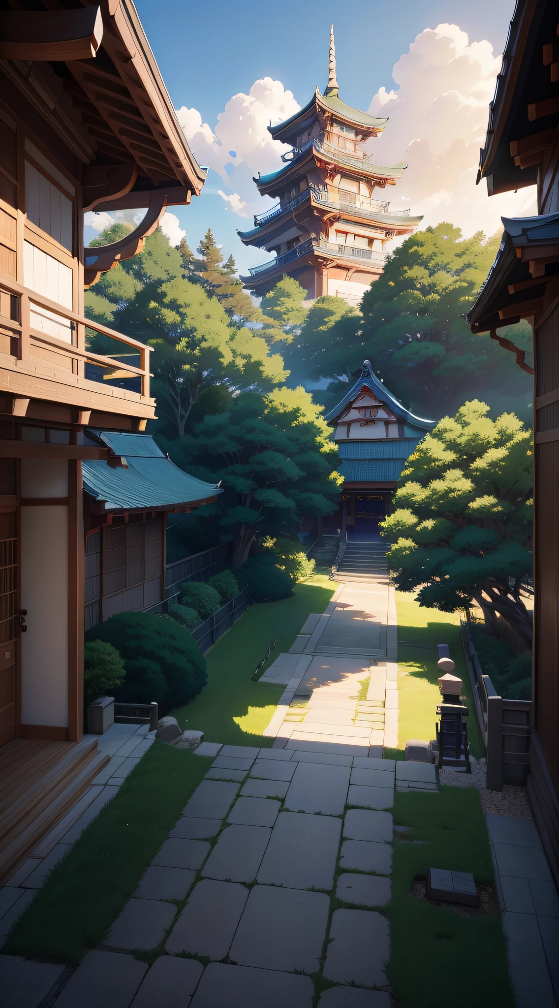 Drone Photography Kamon Shrine、Makoto Shinkai's concept art、Tumbler、magic realism、beautiful anime scene、high-level image quality、By Shinkai Makoto、((By Shinkai Makoto))、anime background art、anime backgrounds、style of makoto shinkai、anime movie background、No humans。