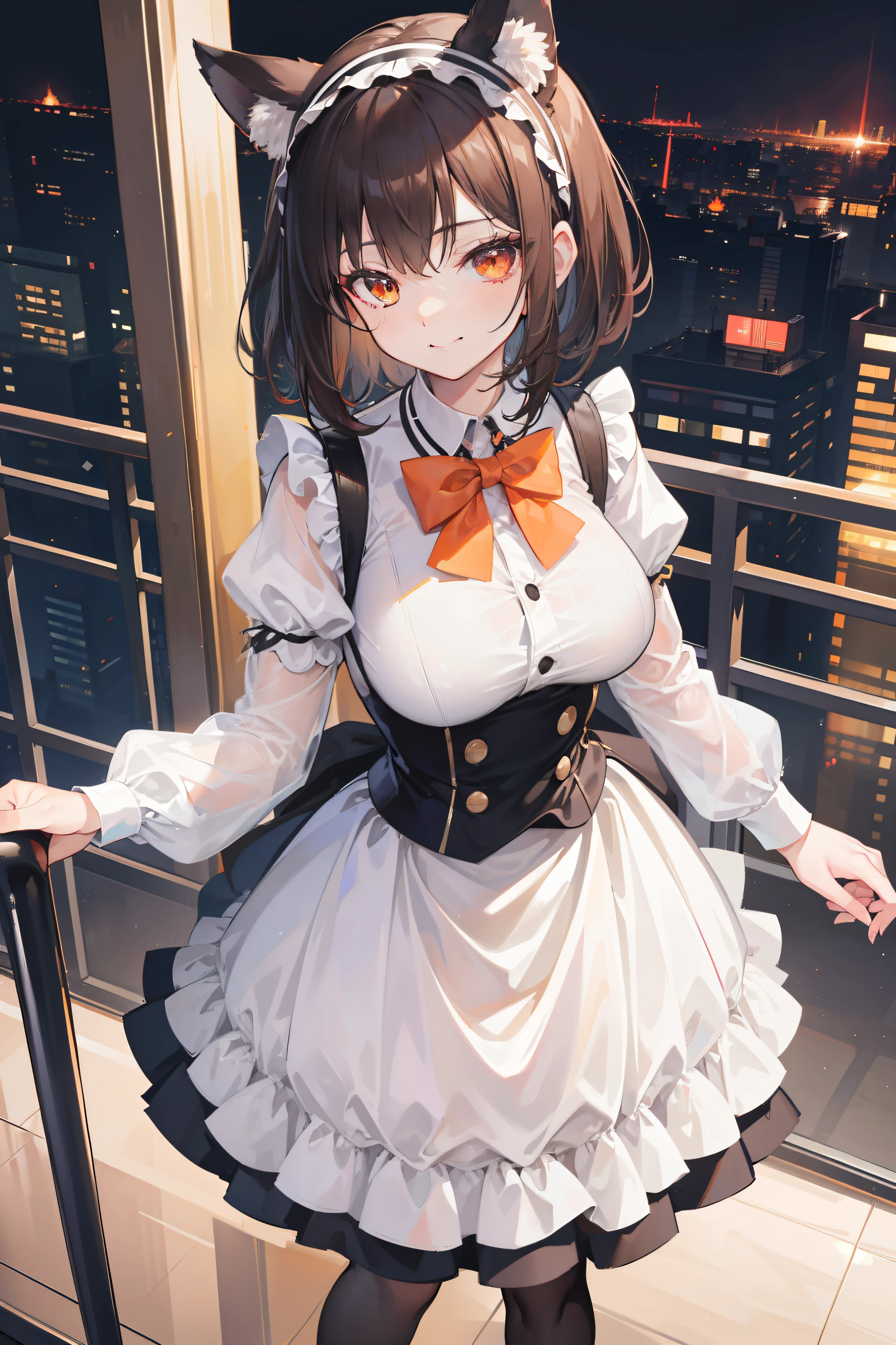 A woman, Good figure, on a balcony, On the upper floors, High-rise buildings in the background, Wearing a JK uniform, checkered skirt, white stockings, Hands on the railing, full bodyesbian, in a panoramic view, Faraway view, Stay away from the lens, Brown hair, Short hair, Wavy hair, lolitahairband, Wide eyes, long eyelasher, Orange eyes, Fake animal ears, Smile, Smug, Tsundere, Masterpiece, Award-Awarded, Best quality, High details, Super detail