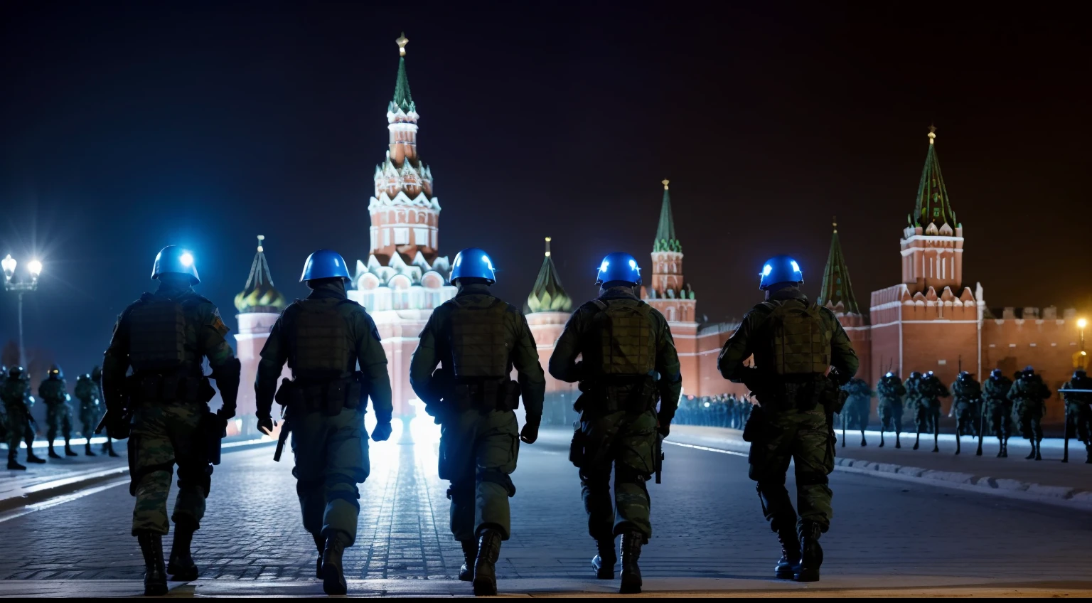 Futuristic soldiers storm the Kremlin,the night,blue glow on the back