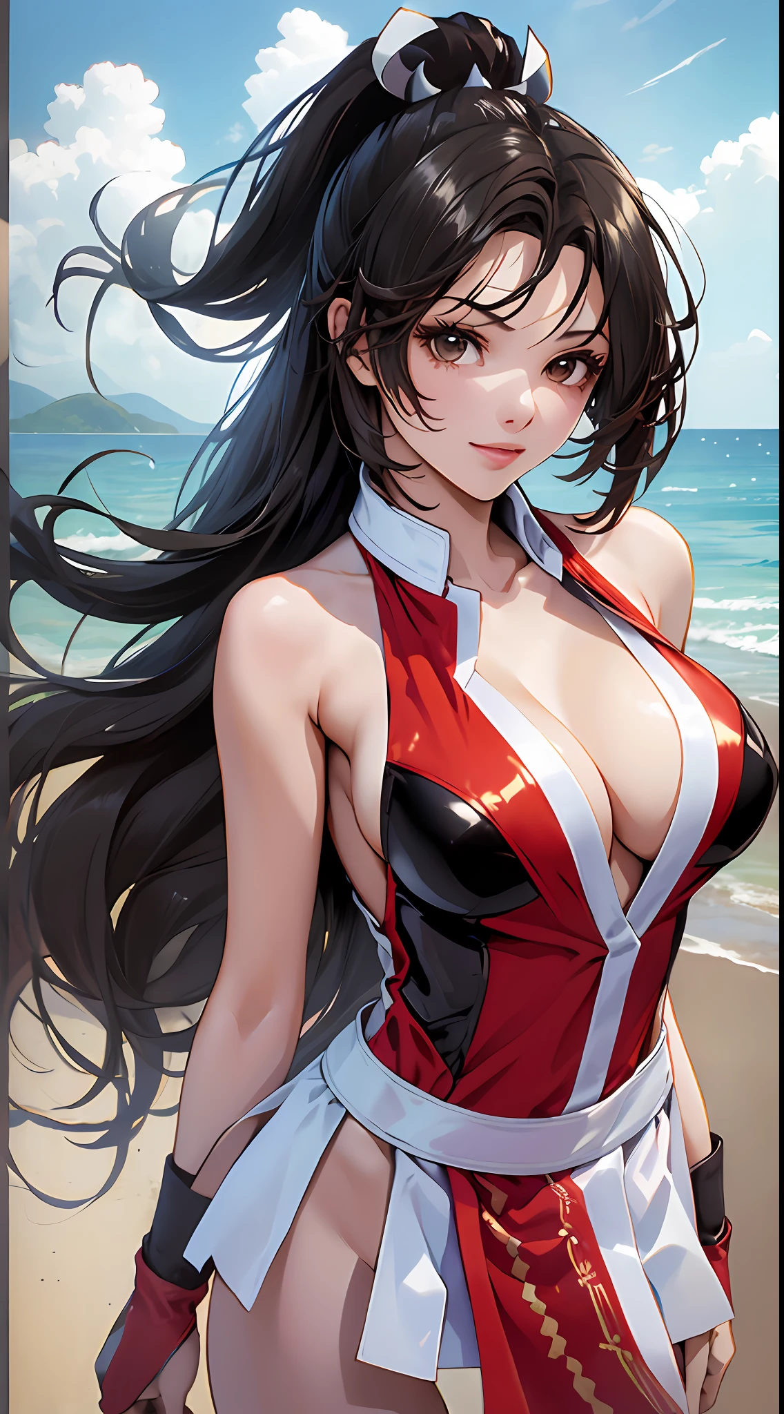 ( Best quality, tmasterpiece:1.5), 1girll, mini-skirts,ssmile,(cleavage:1.5)long whitr hair,Black color hair,The shoulder straps slip off,(Bigchest:1.5)perfect body figure,looking at viewert,Red clothes(sea beach,outside,Ultra-detailed background:1.2)