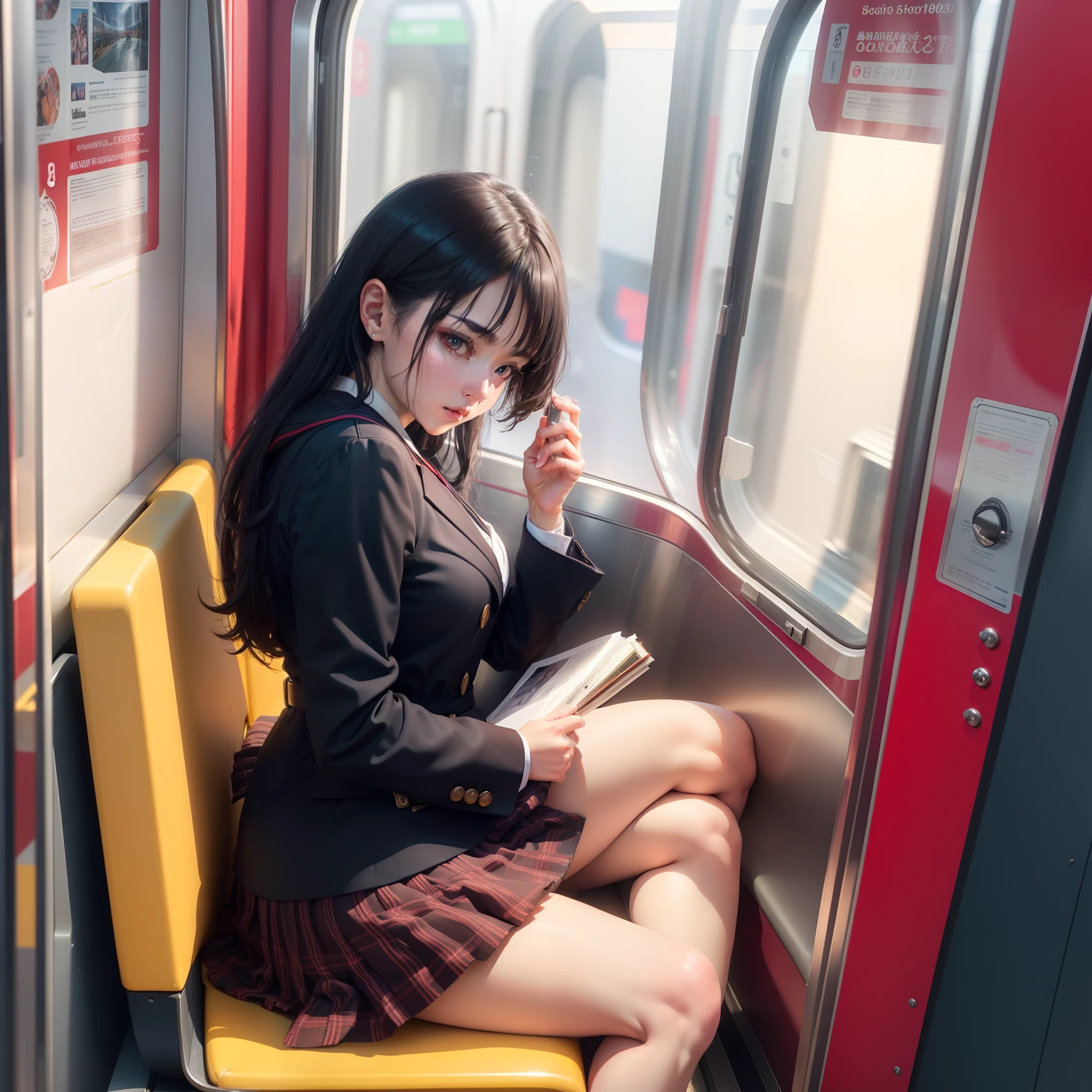 "(Masterpiece, High Definition, Ultra High Definition, 4K) Black hair, 14 years old Japan girl, uniform skirt, emphasizing thighs, white thighs, soft thighs, glossy thighs, sitting on the train, face-to-face angle, (angle from below),sitting in the train seat,Sitting in front,Zoom camera in the ??????,Feet on the train floor,Full body,Looking down and sleepy,Looking at the viewer only", best quality, ultra high definition, (photorealistic:1.4),, high resolution, detail, raw photo, sharp re, Nikon D850 film stock photo by Lee Jefferies 4 kodak portra 400 camera f1.6 lens rich colors hyper realistic lively textures dramatic lighting unreal engine artstation trends cinestir 800,