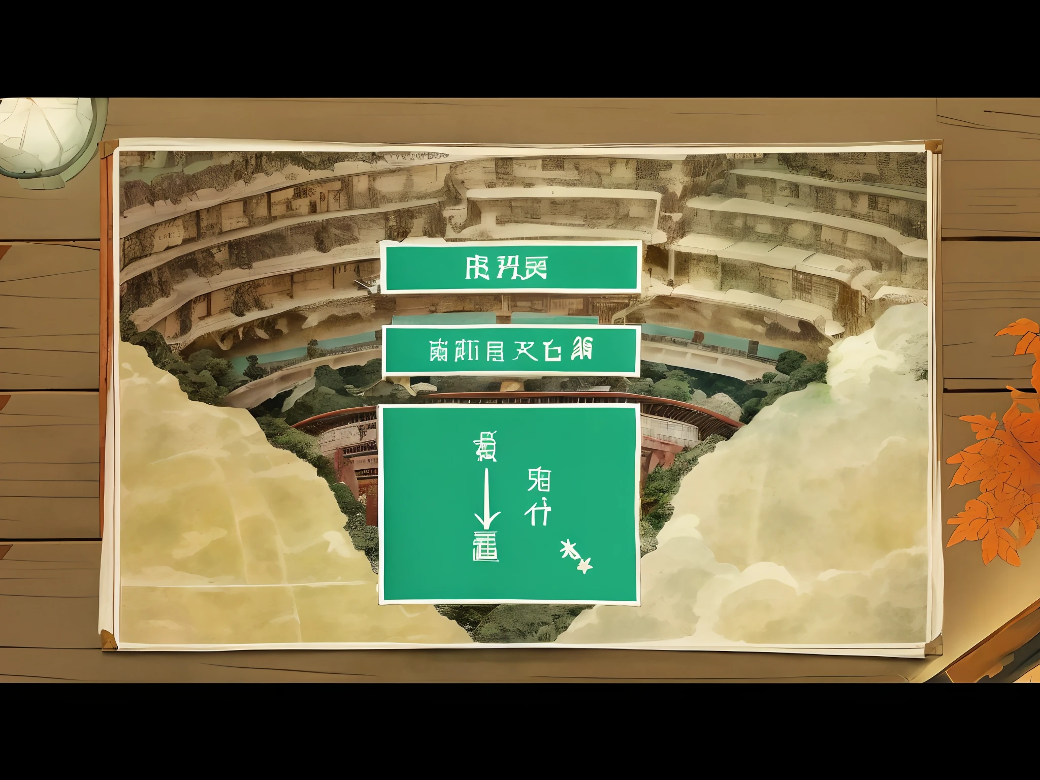 There is a picture of the building with a green sign, Chiba Yuda, library of babel, 中 国 鬼 节, Wang Chen, art style of rune factory 5, feudal japanese setting, ancient china art style, ancient megastructure pyramid