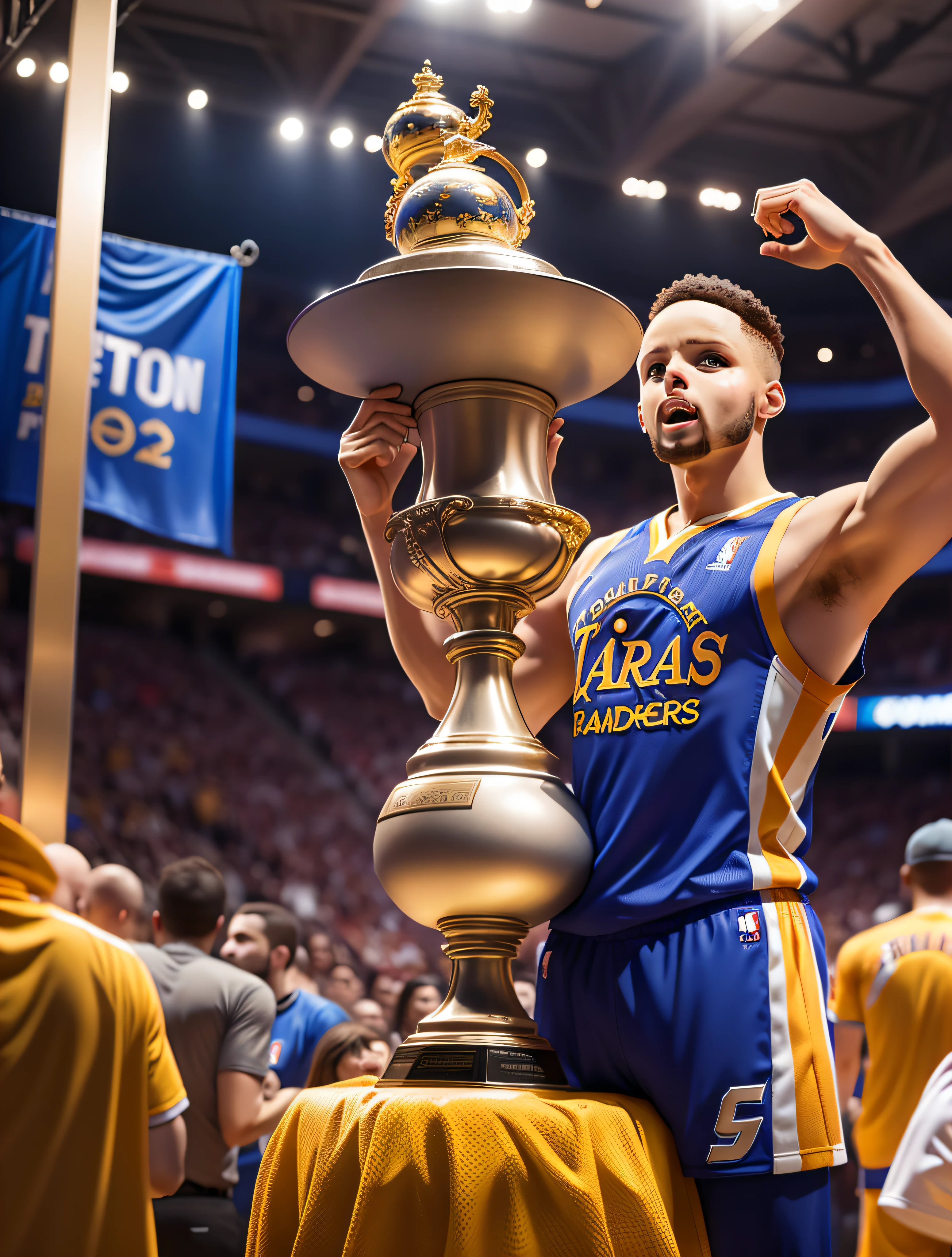 Curry，Blue jersey，Championship trophy in hand