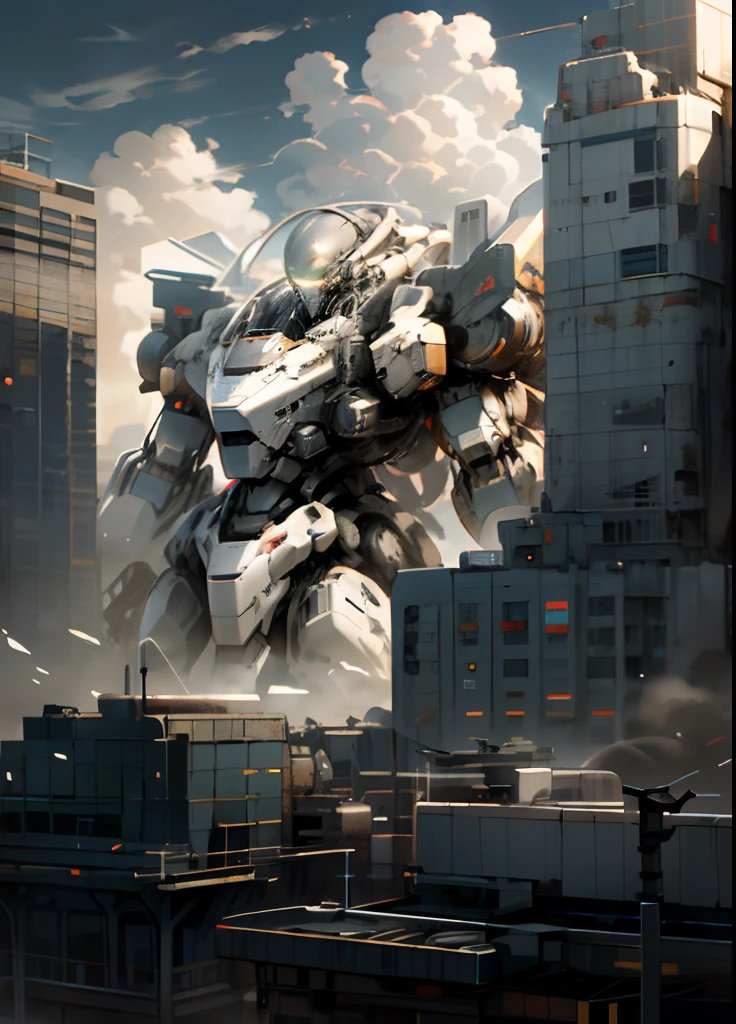 sky, cloud, holding_weapon, no_humans, glowing, , robot, building, glowing_eyes, mecha, science_fiction, city, realistic,mecha