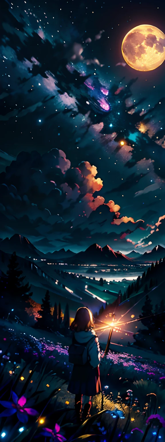 Expansive landscape photograph, (view from below with a view of the sky and the wilderness below), little girl standing in a flower field looking up, (full moon: 1.2), (shooting star: 0.9), (nebula: 1.3), distant mountain, tree break production art, (warm light source: 1.2), (firefly: 1.2), lamp, purple and orange, intricate detail, volume lighting BREAK (masterpiece: 1.2), (highest quality ), 4k, ultra-detailed, (dynamic configuration: 1.4), highly detailed and colorful details (iridescent: 1.2), (sparkling lighting, atmospheric lighting), dreamy, magical, (solo: 1.2)