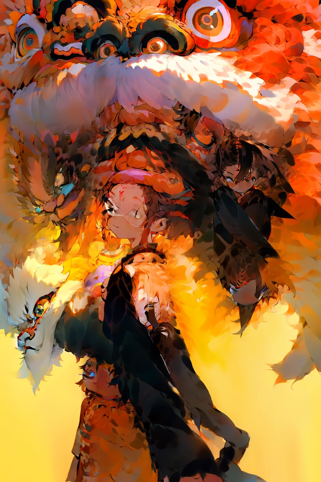 tmasterpiece，best qualtiy，illustratio，（（lion_dance）），
 （messy  hair），[orange color hair：Purple buttocks：0.8]，forehead，short detailed hair，black color hair，Black eyes，The upper part of the body，ssmile