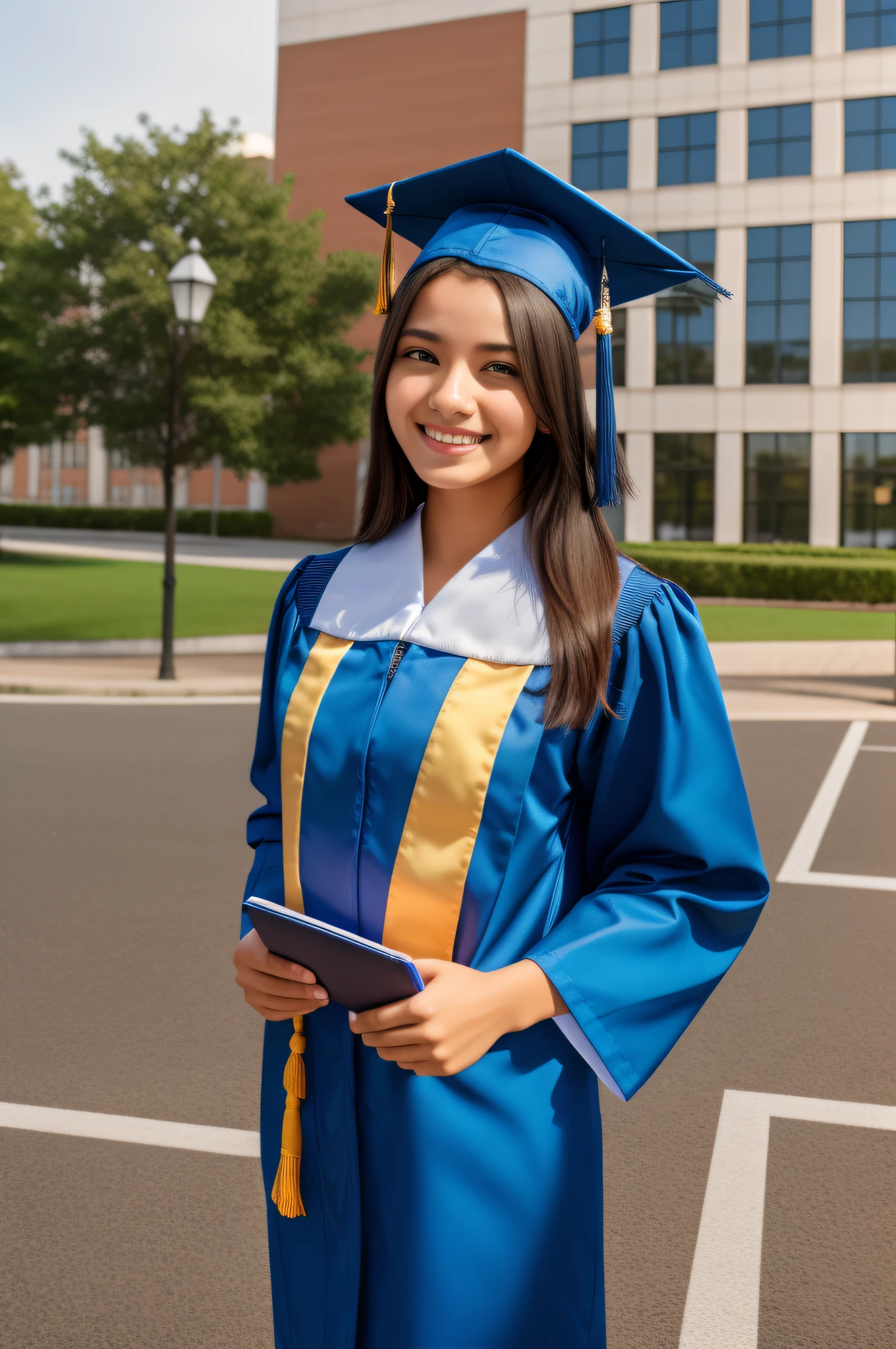 a freshly graduated student, standing in front of university, happy face, wearing graduated hat, high_resulation, photorealistic, 8k, HDR, bright image