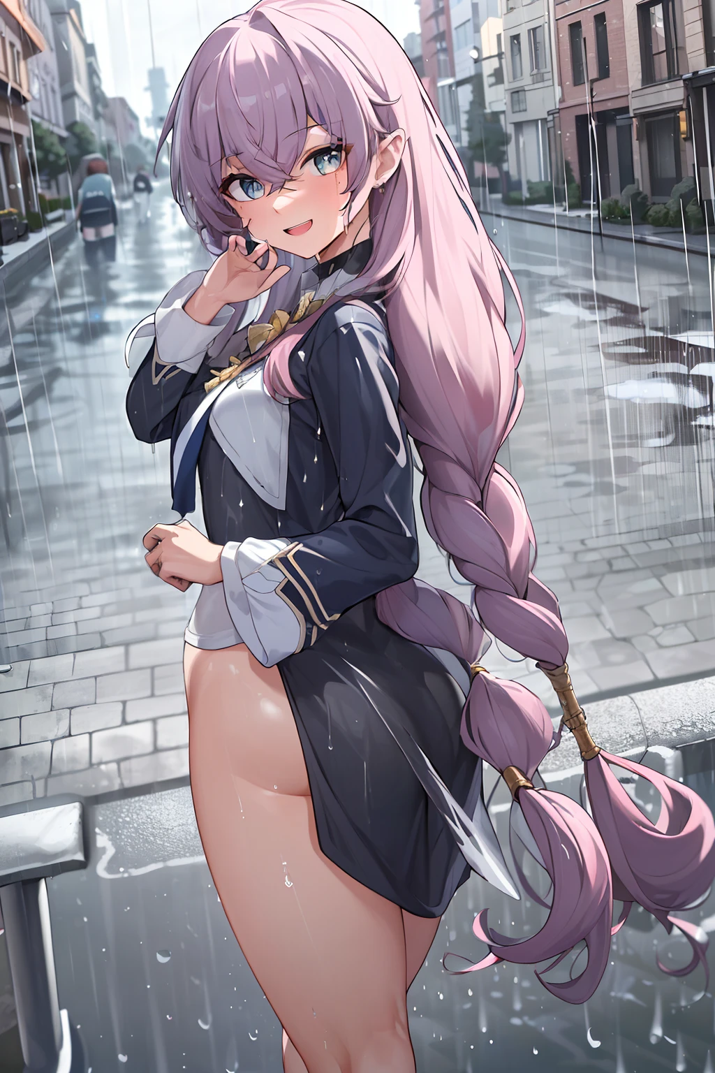 ((Best Quality, 8k, Masterpiece:1.3)), Focus: 1.2, Perfect Body Beauty: 1.4, Buttocks: 1.2, ((Long Hair)), (Wet Clothes:1.1) , (Rain, Street:1.3), Pink bandeau dress: 1.1, Highly detailed face and skin texture, Detailed eyes, Double eyelids, buttocks, Whitened skin, smile