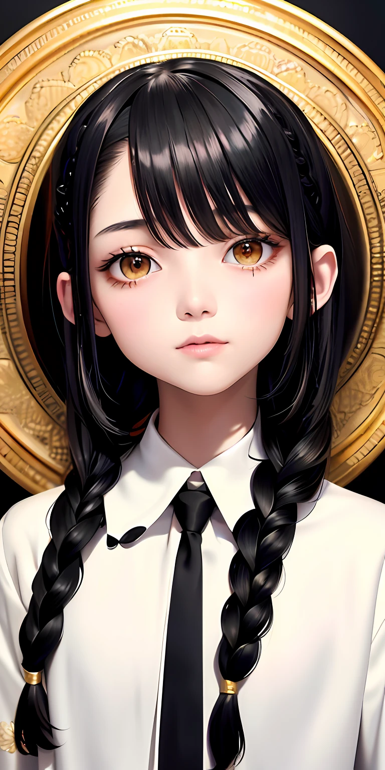 best quality, masterpiece,black hair, gold eyes,white clothes, looking up, upper body,hair strand,Fair skin,side braids