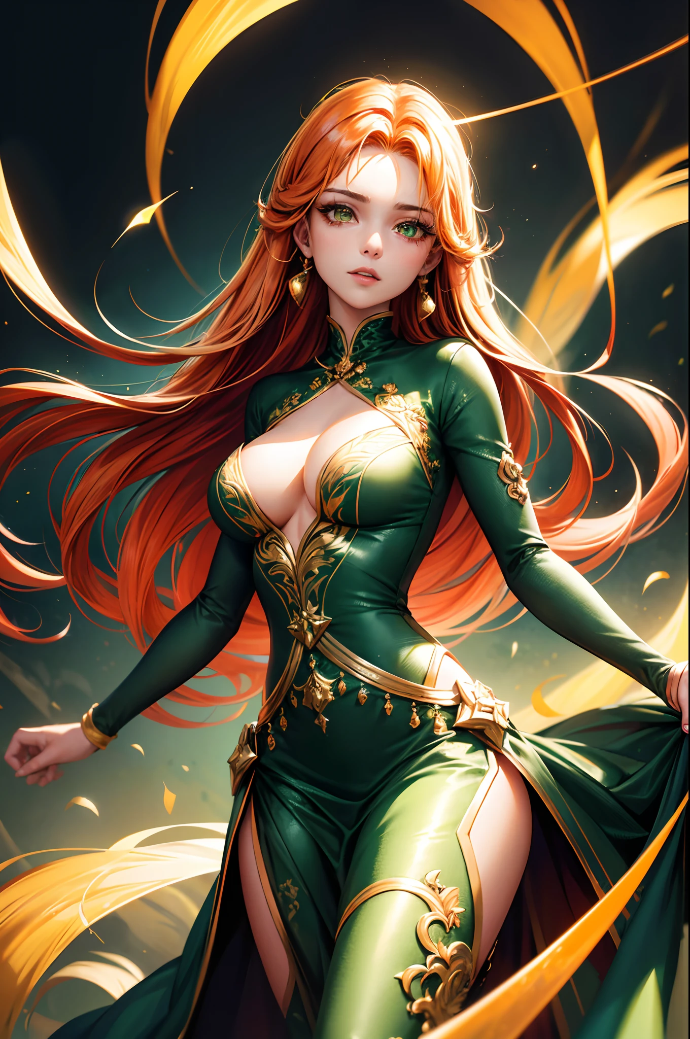 (absurdres, highres, ultra detailed), masterpiece, best quality, a beautiful 22 years old woman in green magnificent dress outfit, solo, long hair, orange hair, green eye, glowing eye, athletic, slim body, medium breasts, glow effect, , finely eye, detailed face, complex background, looking at viewer, rim lighting