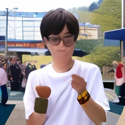 There was a boy wearing glasses and a white shirt making a peace sign,On the playground
