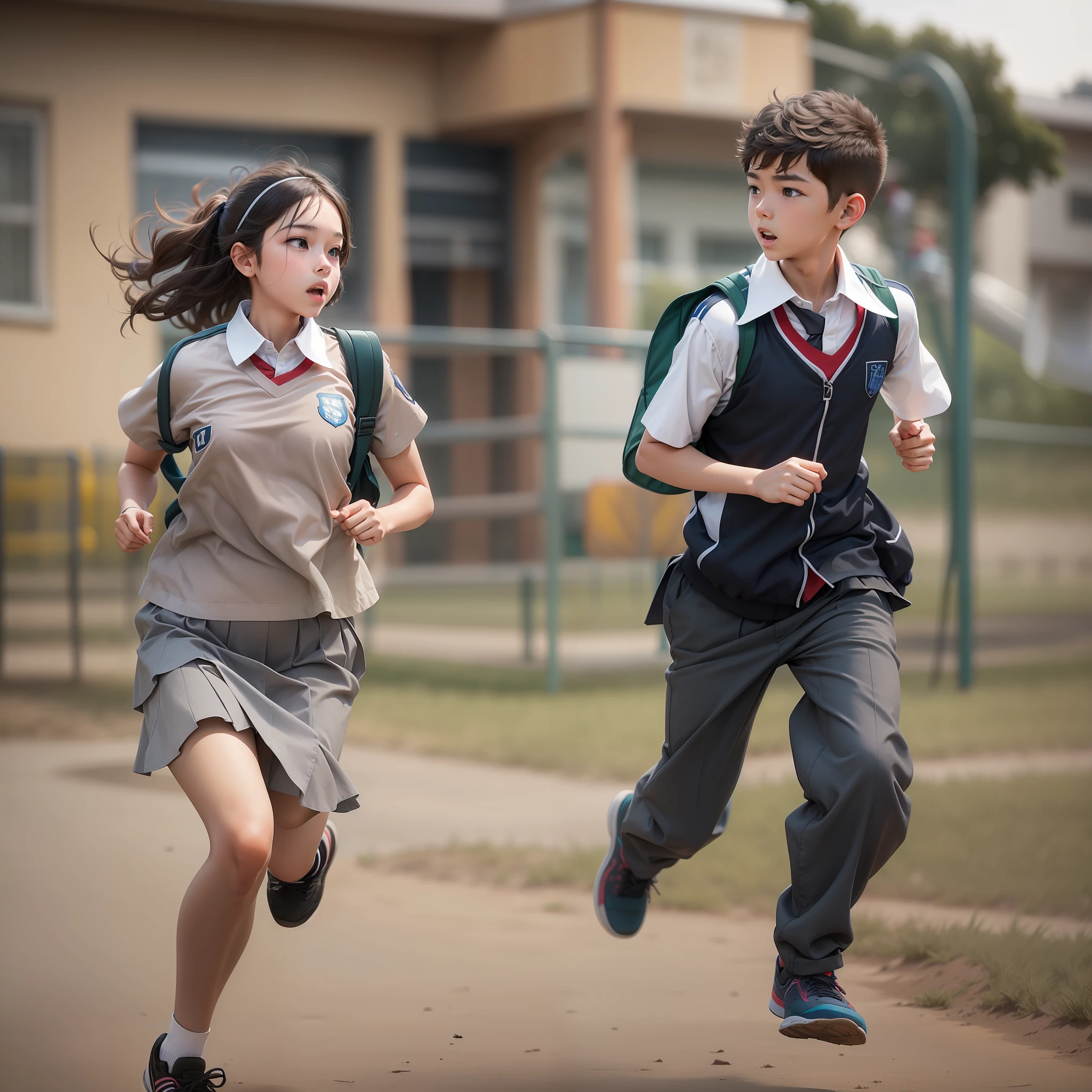 Two junior high school students in school uniforms run on the playground，(one boy and one girl)photore，8K，A high resolution，Highest texture， --v6