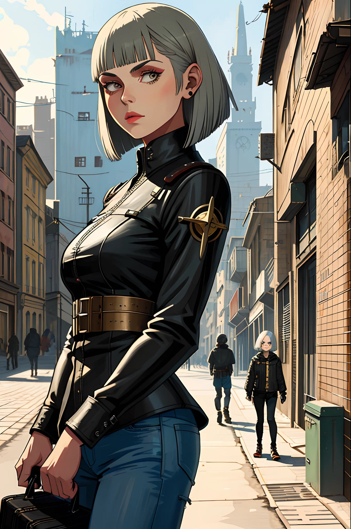 1 beautiful female, heavy metal , bobcut
fututristic, city street
enki bilal
realistic,