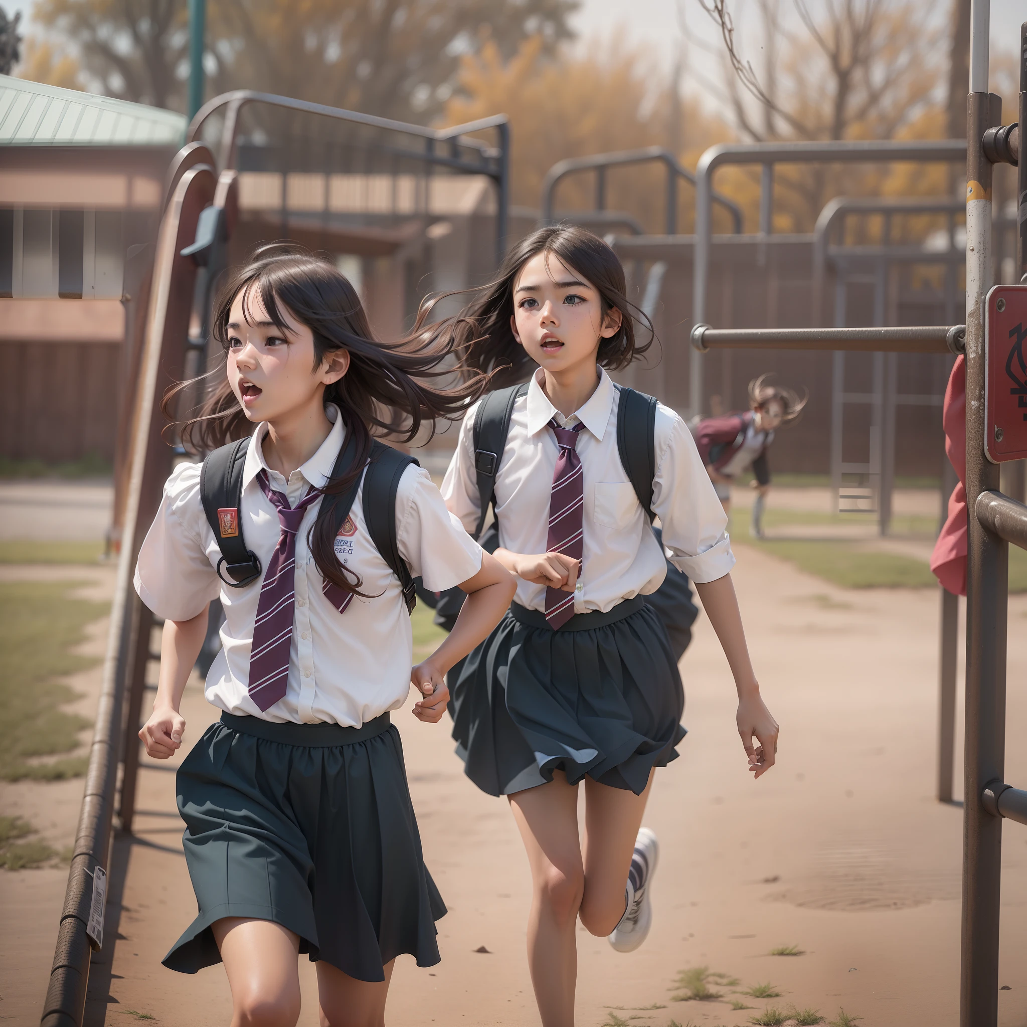 Two  high school students in school uniforms run on the playground，(one boy and one girl)photore，8K，A high resolution，Highest texture， --v6