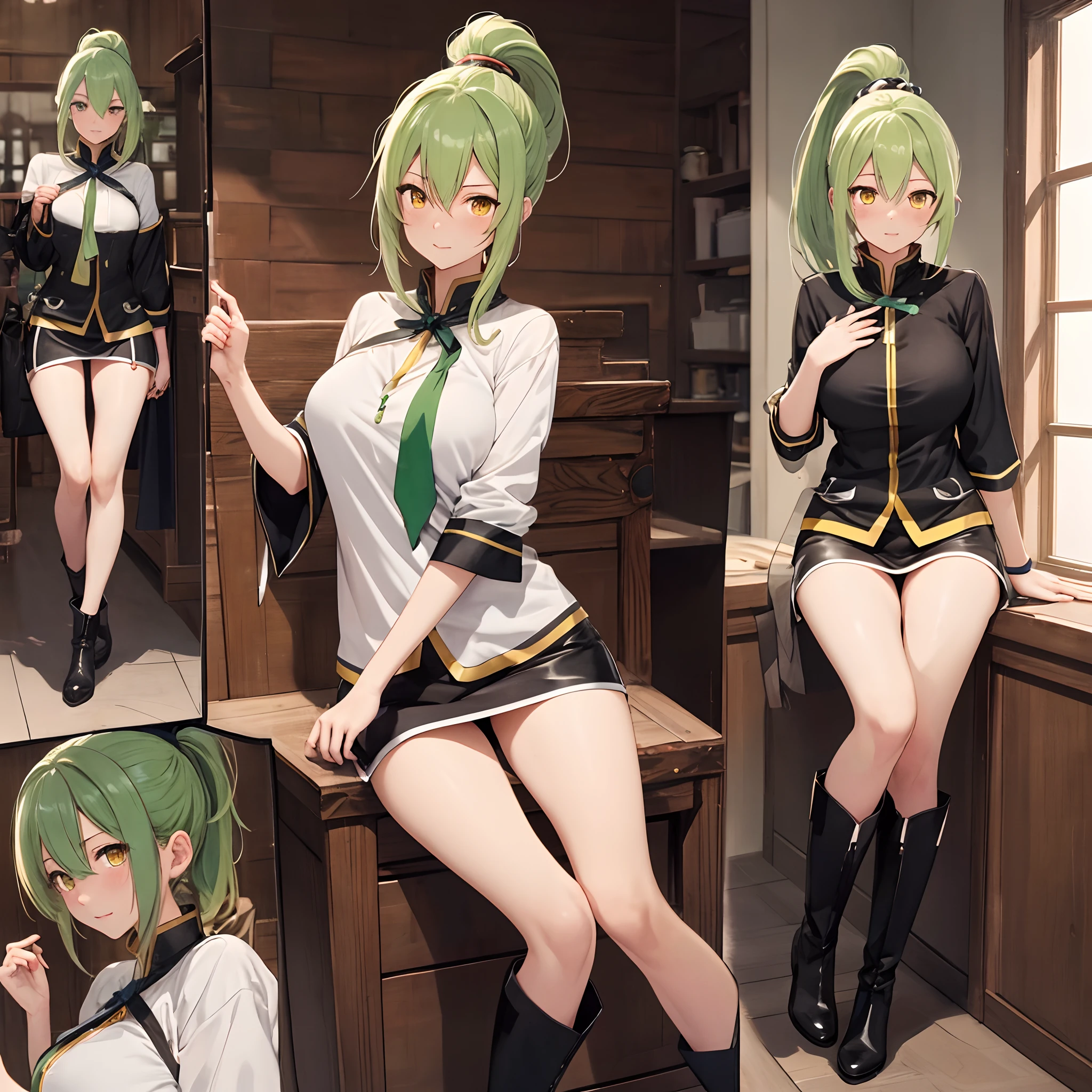 (8k),(复杂),(tmasterpiece),(Detailed description of the eyes),(A detailed description of the face),1girll_Aromatic_konosuba,yellow eyes,Light green hair,(High ponytail),Large breasts,naked leg,Leather boots,Blushlush,nabel