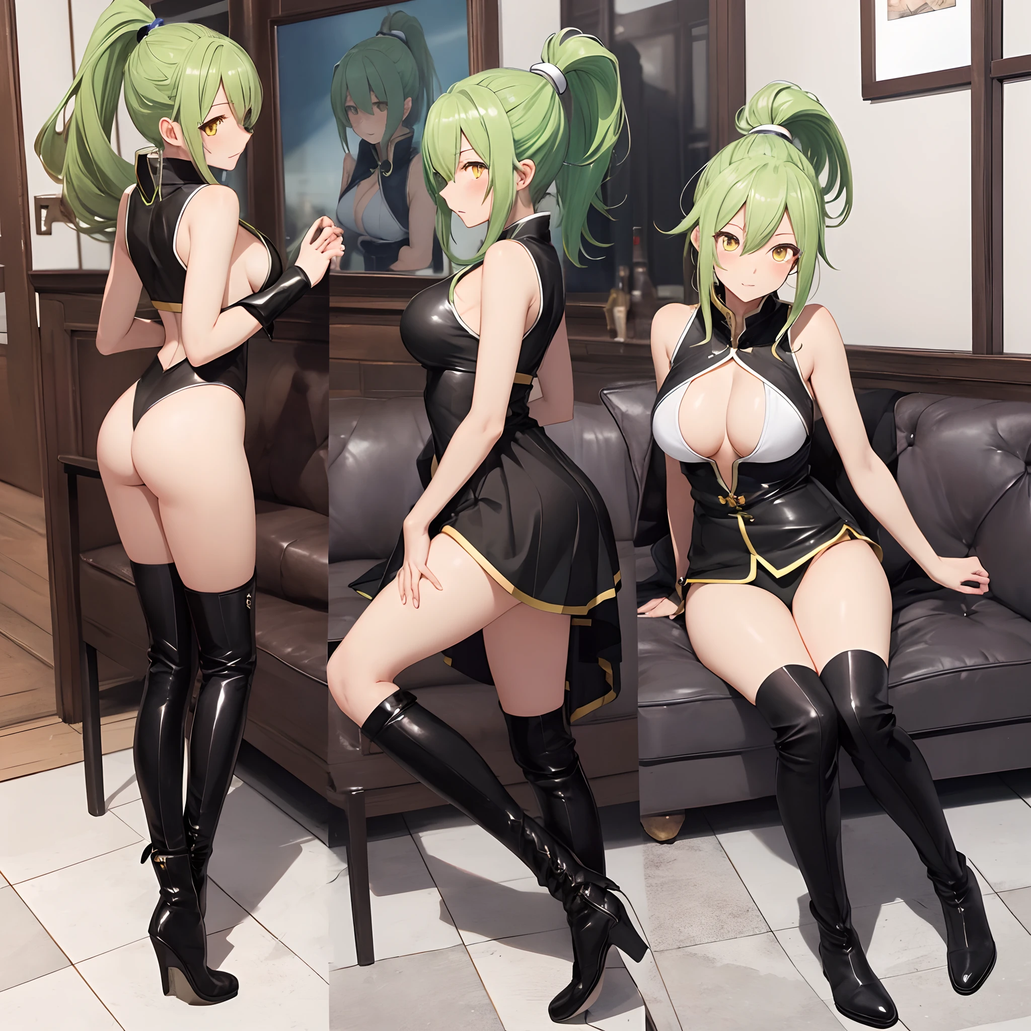 (8k),(复杂),(tmasterpiece),(Detailed description of the eyes),(A detailed description of the face),1girll_Aromatic_konosuba,yellow eyes,Light green hair,(High ponytail),Large ,naked lather boots,Blushlush,nabel