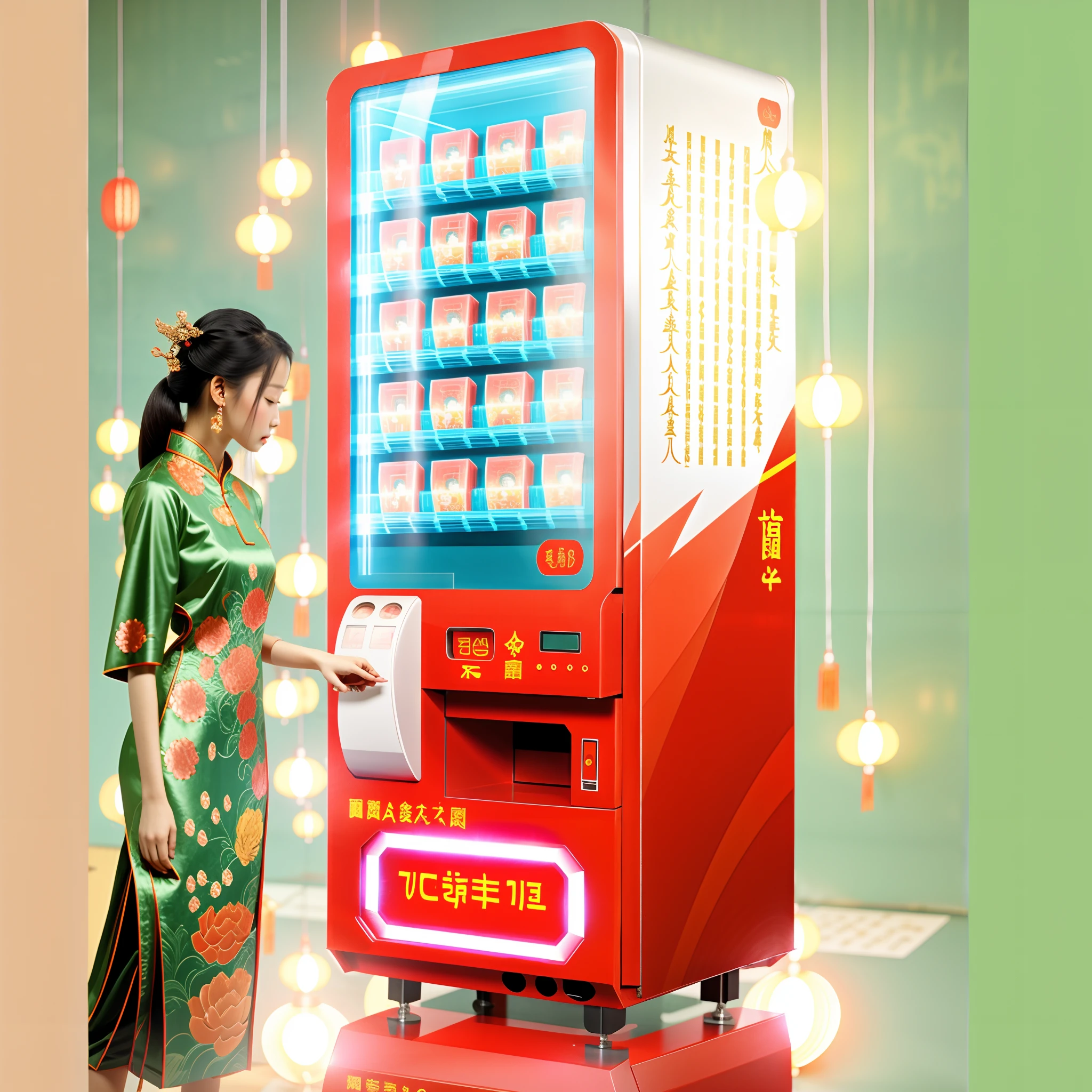 Chinese culture vending machine， The big black screen in the middle is the monitor，high end，Hot stamping vending machines，The color match is clean