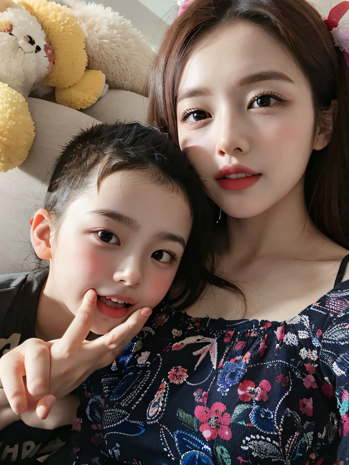 there is a woman and a child that are posing for a picture, 3 0 years old woman, 30 year-old woman, ruan jia beautiful!,hyper HD,Kids cute,The woman is beautiful,Korean woman