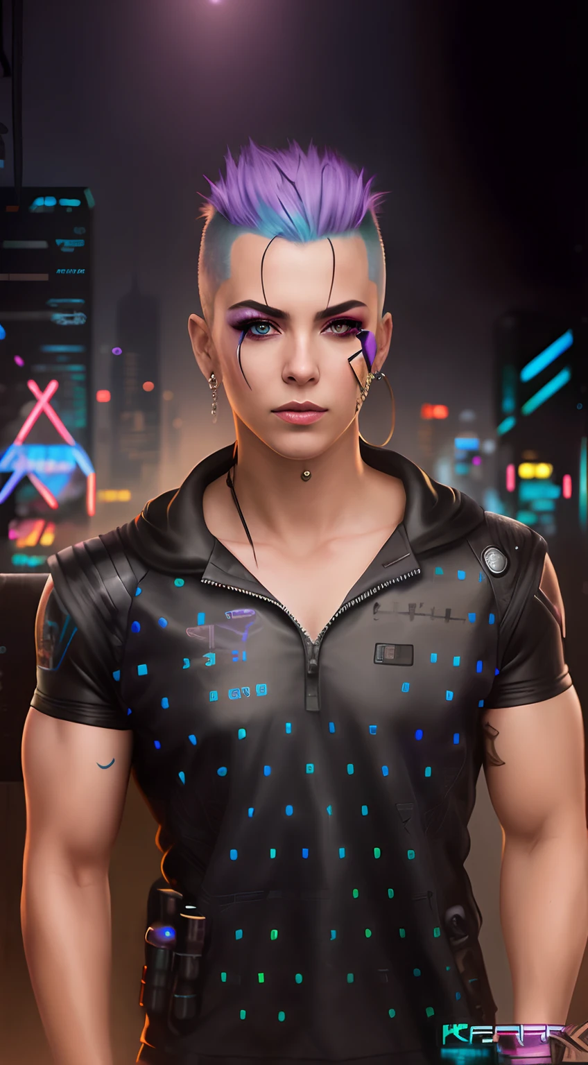 a close up of a person with a purple hair and a black shirt, hyper-realistic cyberpunk style, cyberpunk portrait, cyberpunk character, the cyberpunk girl portrait, portrait of a cyberpunk cyborg, cyberpunk dude, cyberpunk style , hyperrealistic, cyberpunk shading, cyberpunk art ultrarealistic 8k, cyberpunk hero, cyberpunk digital painting, cyberpunk art style