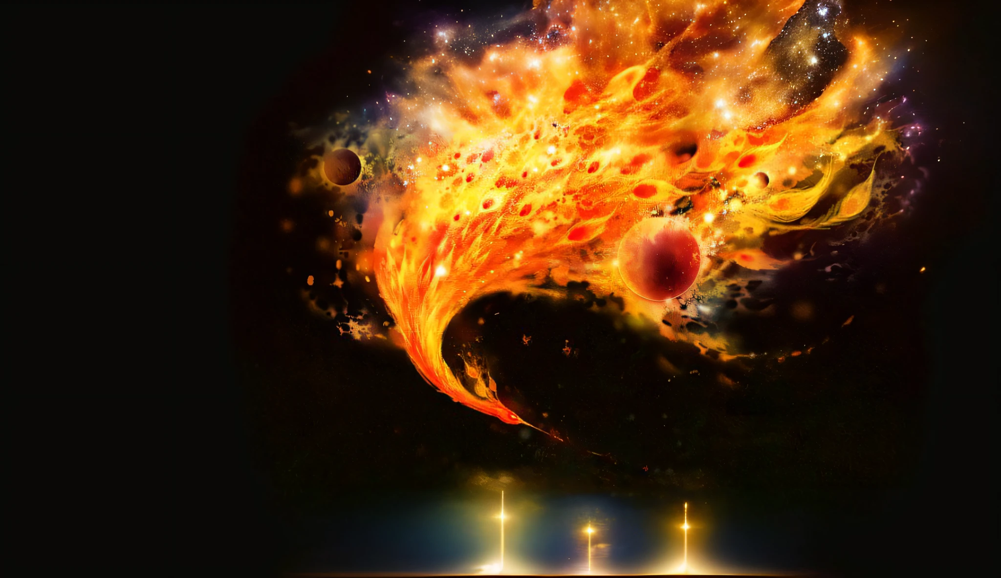 Close up of fire and water objects on black background, Rotating Flame Flame Universe, A fiery explosion, exploding planet in background, Exploding galaxies, fire and explosions, Blazing particles, Supernova explosion, engulfed in swirling flames, Firestorm, The nebula explodes, red planetoid exploding, The birth of the universe, cosmic cataclysm, Exploding Nebula