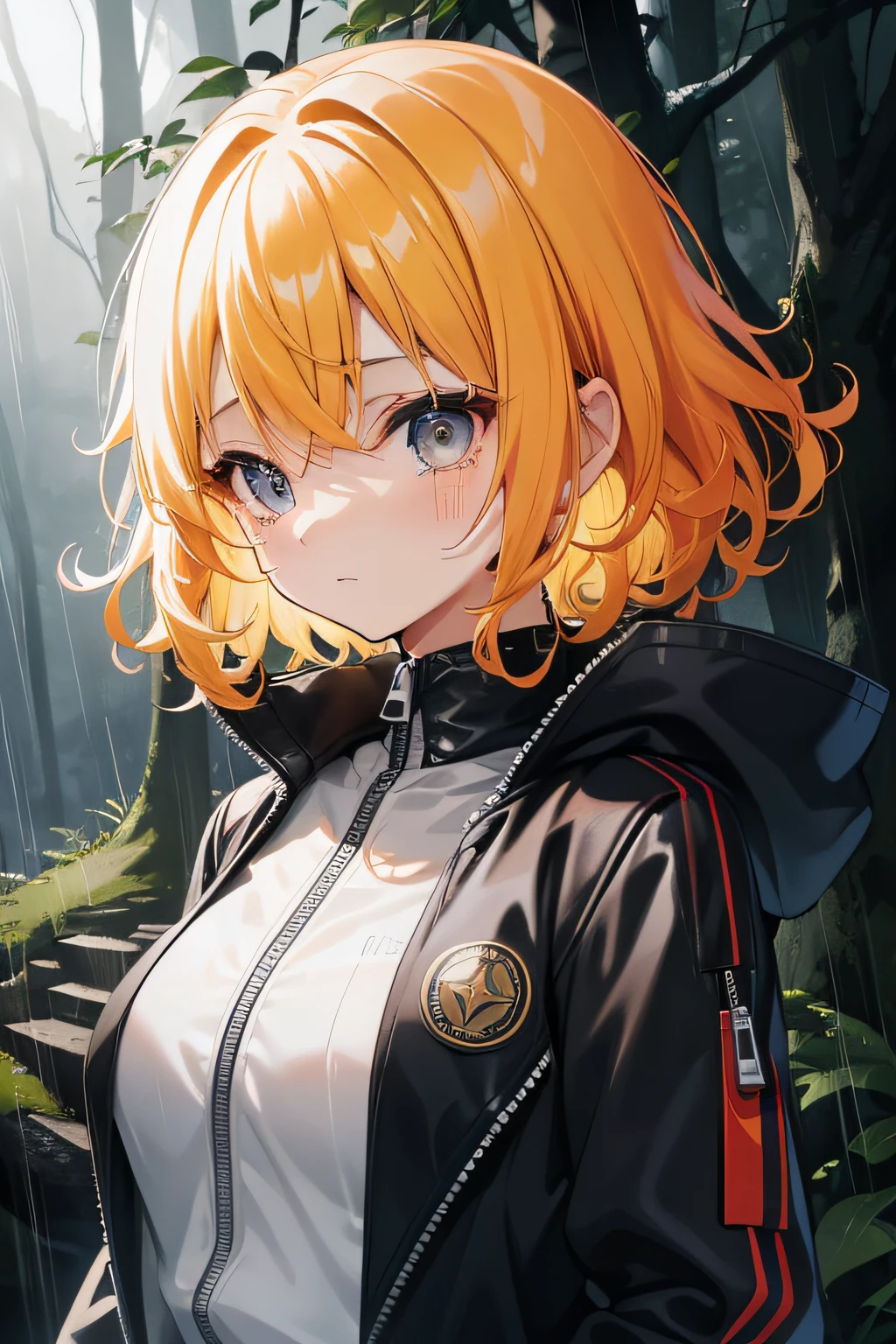 A beautiful girl, anime style girl, yellow hair, (curly hair), short hair, shoulder-length hair, gray eyes, zip up, black zip up jacket, a zipped jacket, small breasts, in forest, in mountain, many trees, dark, raining, with tears around one's eyes, 8k, super detail, masterpiece, high quality, high resolution, high detail, high face detail, happiness, HD quality