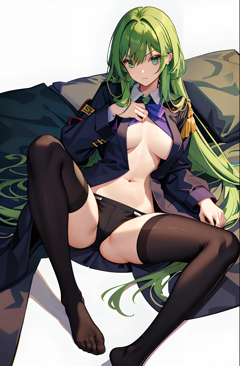 Kizi, highr, high school senior,pupils,Green hair,Green hair color,Bluish cast, Open chest and breasts,Blue_and_Green hair, Detailed beautiful eyes,navy blue eyes, evilsmile, medium boob, Open navel,Bigchest ,Big breasts Thin waist,s girl,Tsundere,haughty,medium thigh,Fleshy legs, Long legs,校服, Japan School Uniform,JK school uniform,Long black stockings,Hi Silk, Detailed clothes, tmasterpiece,charact,Dejected,Hi Yinran,Dull hair,