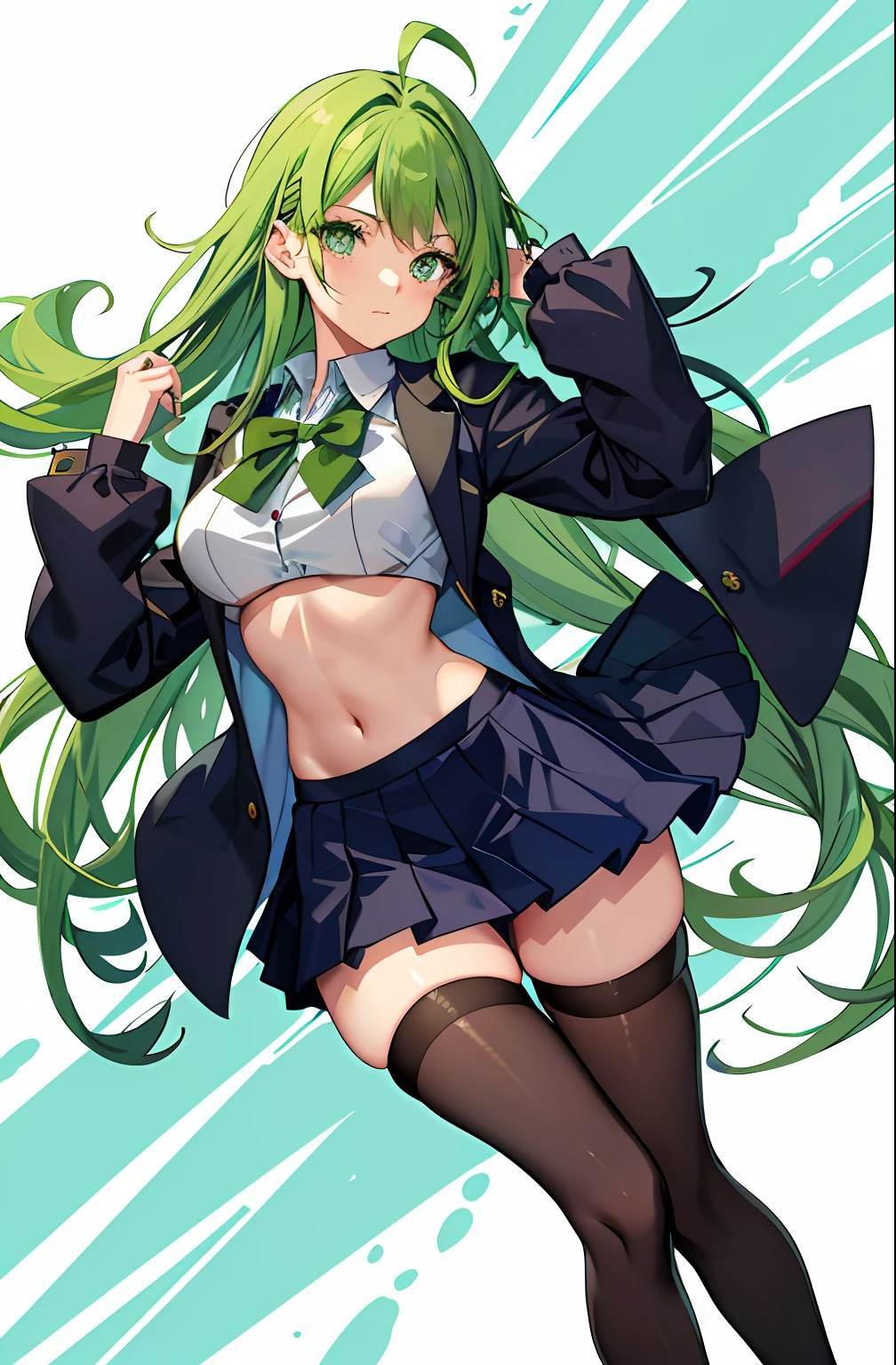 Kizi, highr, high school senior,pupils,Green hair,Green hair color,Bluish cast, Open chest and breasts,Blue_and_Green hair, Detailed beautiful eyes,navy blue eyes, evilsmile, medium boob, Open navel,Bigchest ,Big breasts Thin waist,teens girl,Tsundere,haughty,medium thigh,Fleshy legs, Long legs,校服, Japan School Uniform,JK school uniform,Long black stockings,Hi Silk, Detailed clothes, tmasterpiece,charact,Dejected,Hi Yinran,Dull hair,