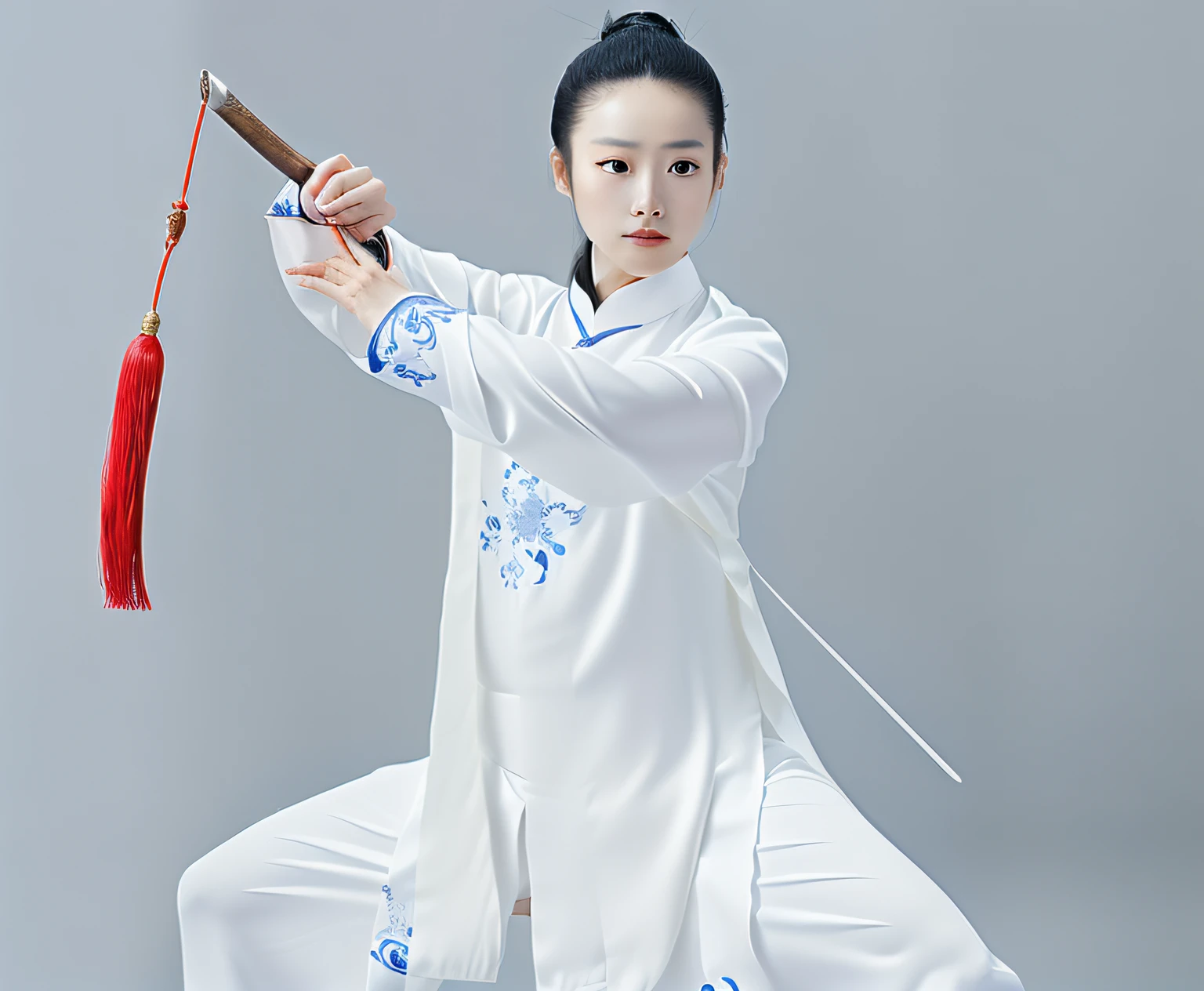 Woman in white holding sword red tassel, Traditional Chinese clothing, with acient chinese clothes, traditional tai costume, White Hanfu, white daoist robes, nanquan, inspired by Zhao Mengfu, Inspired by Seki Dosheng, taoist robe, changquan, inspired by Miao Fu, inspired by Ma Quan