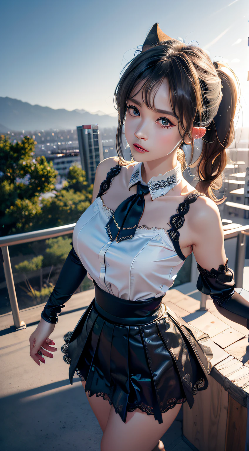 tmasterpiece， best qualtiy， ultra - detailed， RAW photogr， （realisticlying：1.4）， High-speed rail top clouds， 1girll， 独奏， By bangs， （fox ear）， mediuml breasts， clothing cutout，Hollow-out on， Animal ear， girl fox， Silk lace skirt skirt， pony tails， neck bowtie， shift dresses， （bangle）， jewely，， Separate the sleeves， （blue bracelet）， White sleeves， The shirt， sleeveless shirts， Golden decoration， Pink lace skirt， （coda， fox tails）， 耳Nipple Ring， dynamic angle， Outdoor deep forest，