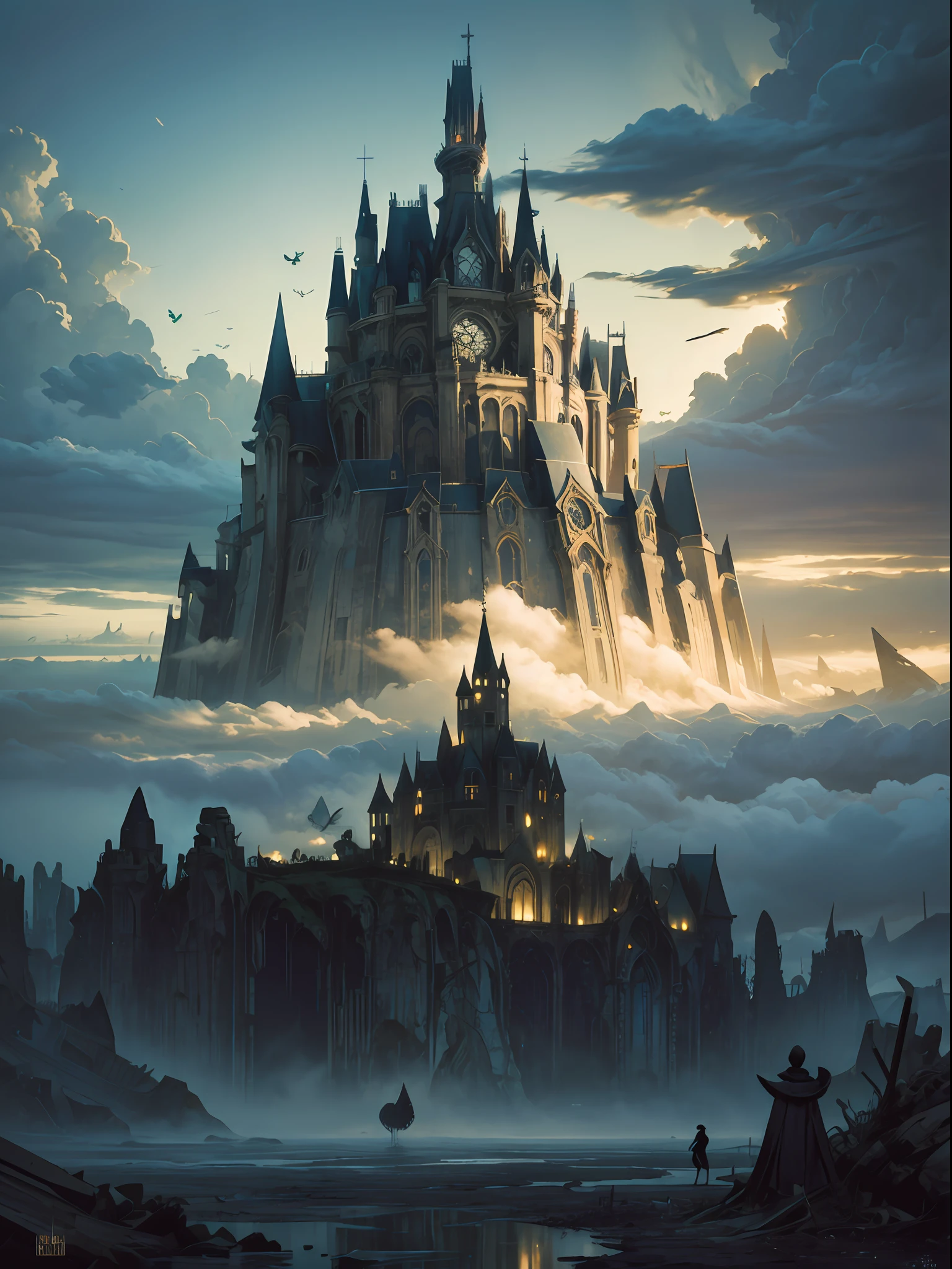 Panoramic shot of a gigantic ruined cathedral engulfed by dense mist in a desolate and alien landscape, Grief,Despair,Dread, in the style of (Yves Tanguy:1.25), Heatwave, Art Nouveau, masterful Isolation, masterful Wash, strong Golden hour, Glass, Cone, Moths or butterflies,Crows or ravens,Key, Lurid, Afterimage and optical illusion colors,Complementary, ultra detailed, oil on canvas, dry brush, (surrealism:1.1)