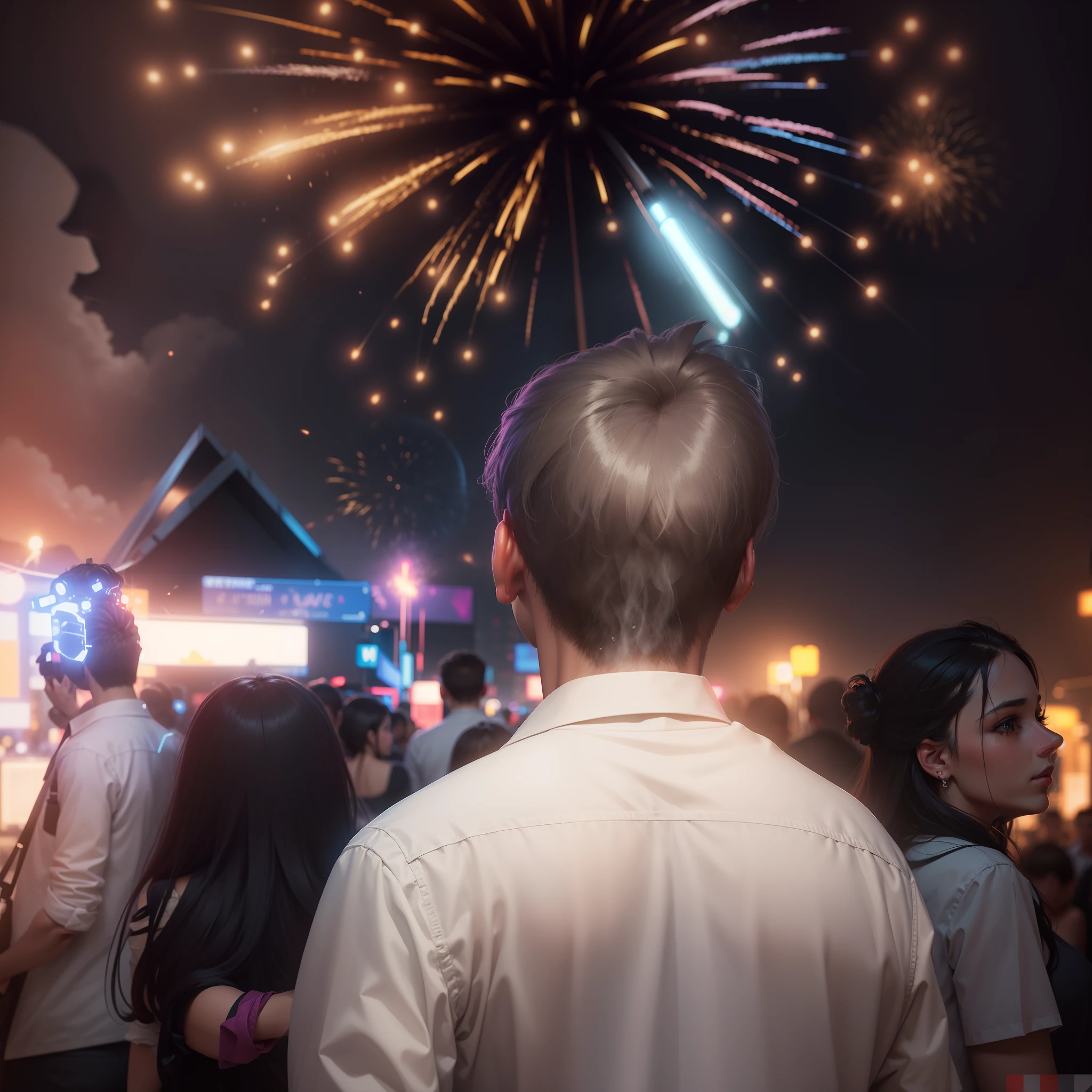 Portrait image high quality looks realistic, different neon lights with fireworks, foreground looks realistic like background, color shirt dark white,make image high quality, background also blur like dslr not anything erase just eddit this