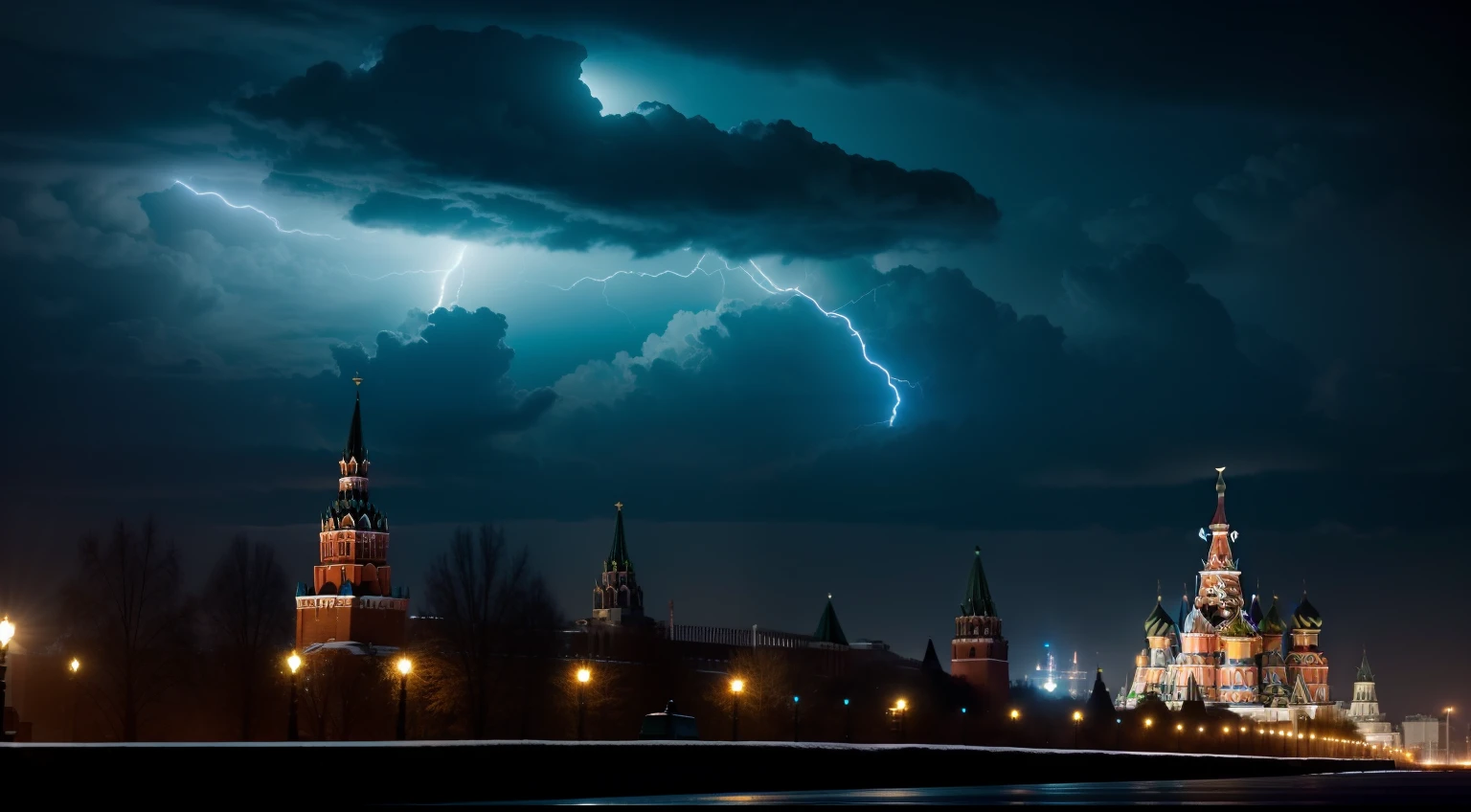 Futuristic robot storms the Kremlin,the night,blue glow on the back