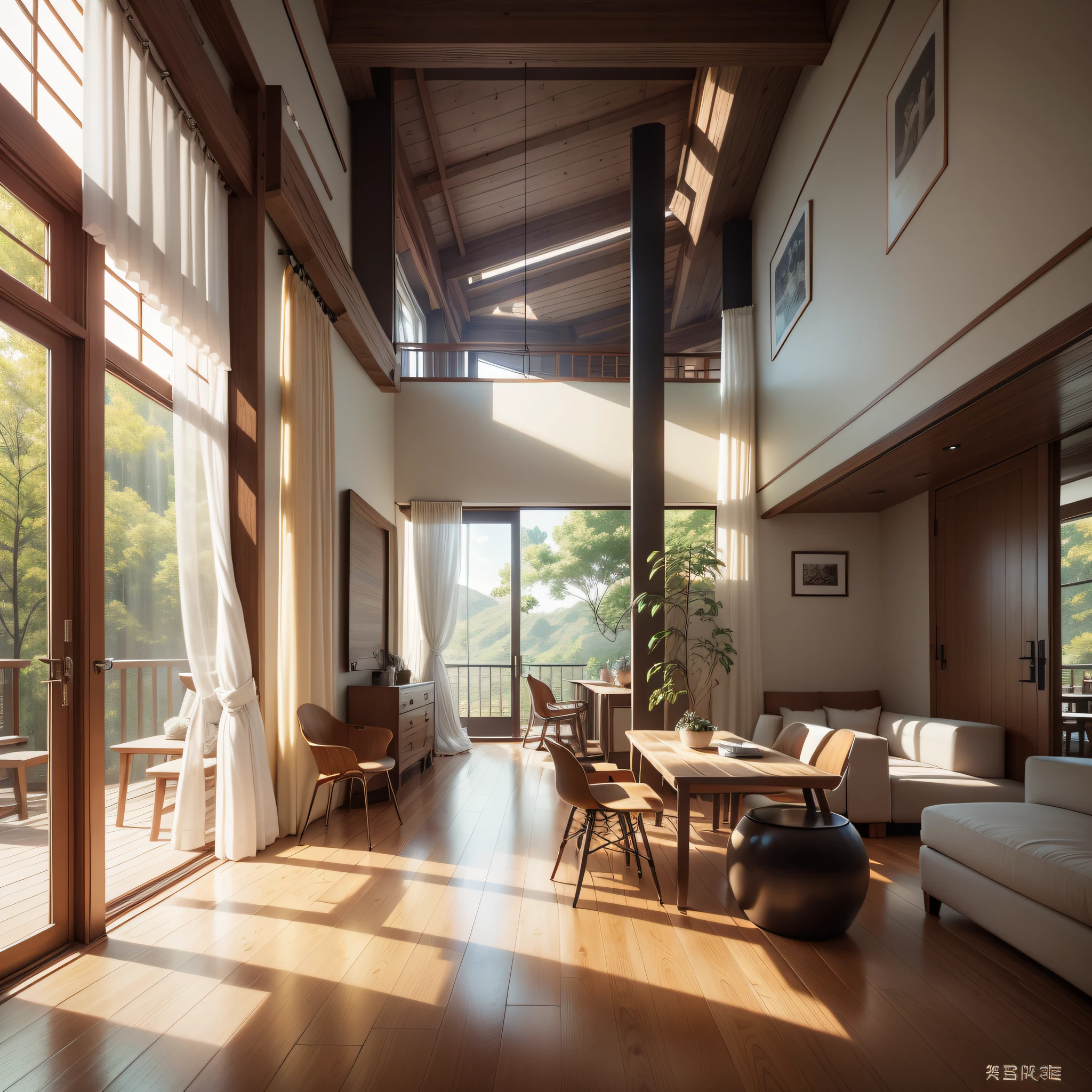 interior design、Insanely detailed wide-angle architectural photo、Cozy contemporary living room、(Bright and warm sunlight 1:0.1)、Award-winning contemporary interior design、landscapes、The table、a chair、in a house、Wooden flooring、window、resturant、east asian east asian architecture、sliding paper doors、abajour、architectural、the woods、naturey、cups、a plant、interior design、Insert lighting and shadows、depth of fields、low illuminance