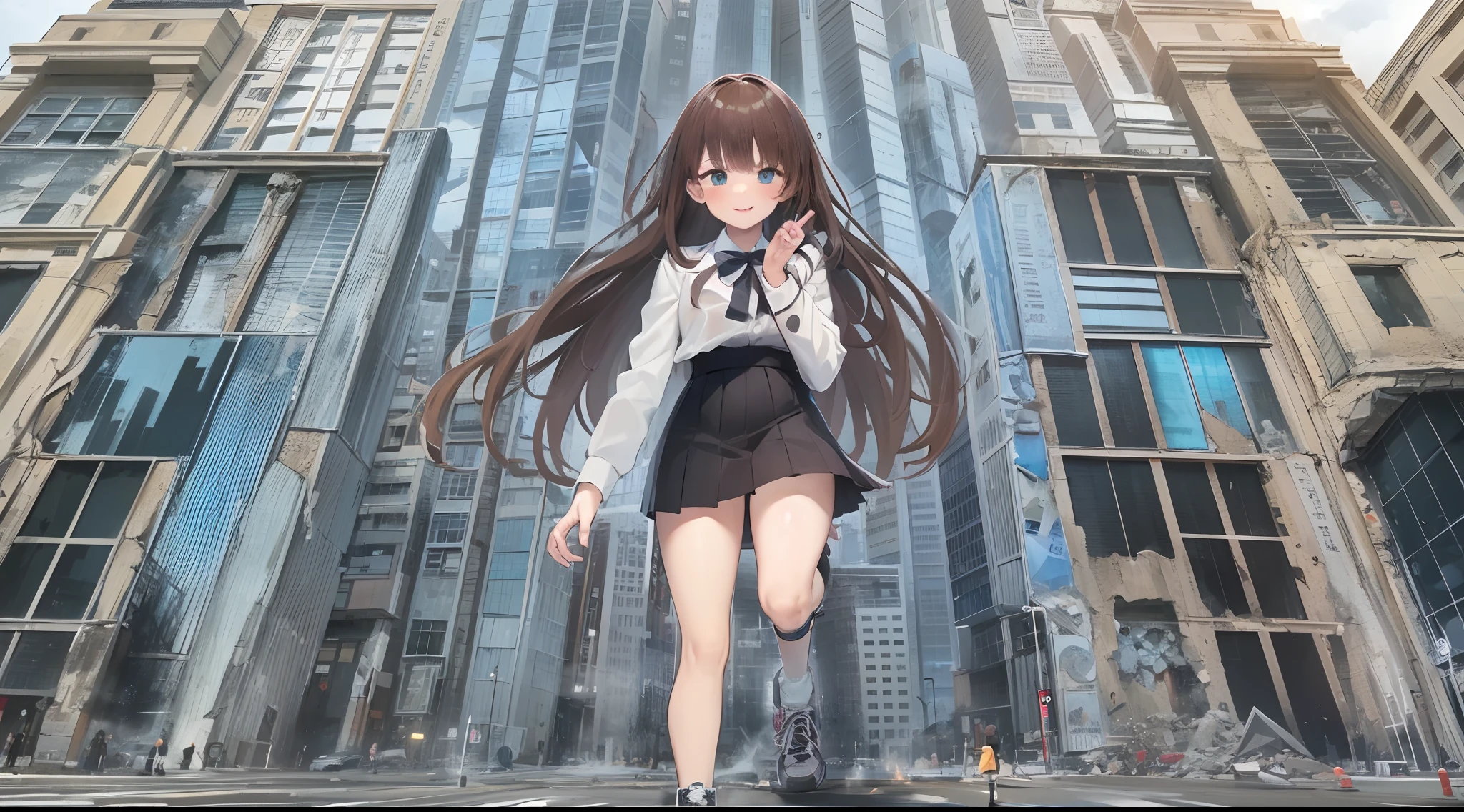 1girl, Solo, Two legs, Two hands, Bigger than the building, long hair, brown hair, bangs, blue eyes, Blazer, white shirt, black bow, Black pleated skirt, Black Loafer shoes, Sneakers, Light smile, Naughty, Anatomically correct, Textured skin, GTSCity, Destroyed buildings, City model,