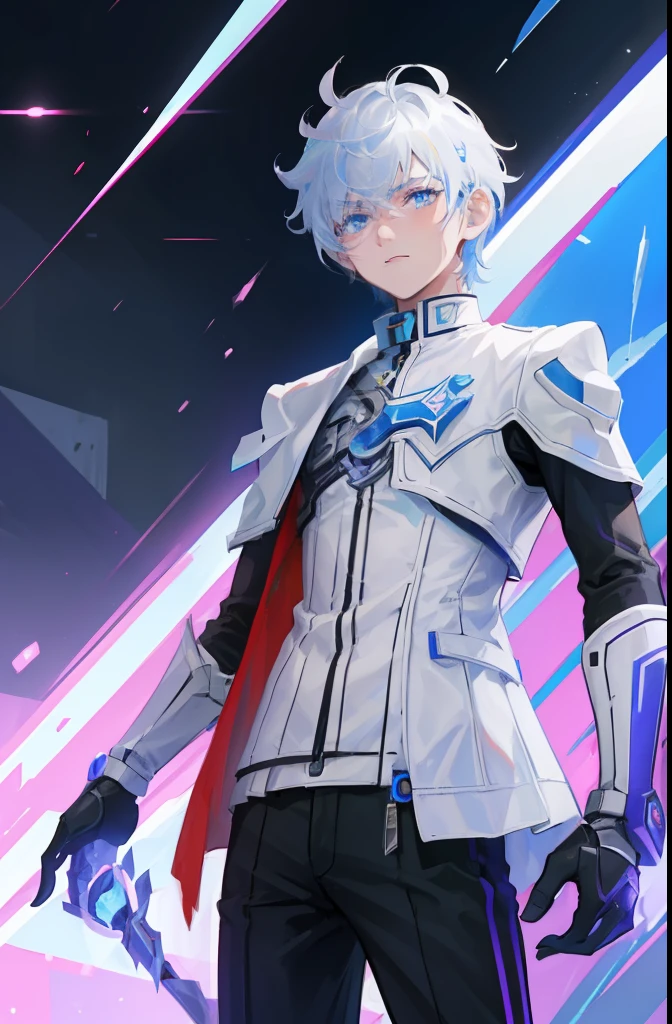 "A stylish and futuristic scene featuring a young boy in a white student uniform. He has striking white hair, silver eyes, and a unique combination of a left blue demon arm and a right robot arm. Inspired by the character Beacon from RWBY."