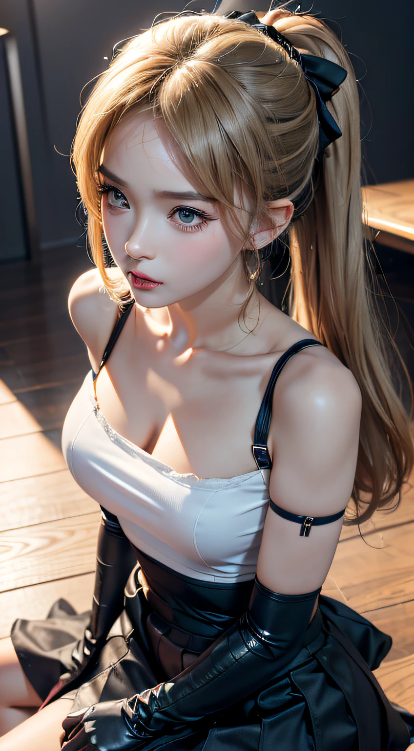 close-up all over the body，tmasterpiece，Best quality，Realistic lighting，超高分辨率，（真实感，Foto realism：1.48）， 1girll， big breasts beautiful， blond hairbl ，独奏， ahoge， hair adornments， bare shoulders​， Crop tops， nabel， Separate the sleeves， gloves on the elbow， mitts， coda， and skirt， Nya