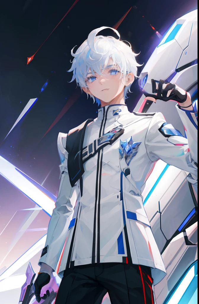 "A stylish and futuristic scene featuring a young boy in a white student uniform. He has striking white hair, silver eyes, and a unique combination of a left blue demon arm and a right robot arm. Inspired by the character Beacon from RWBY."