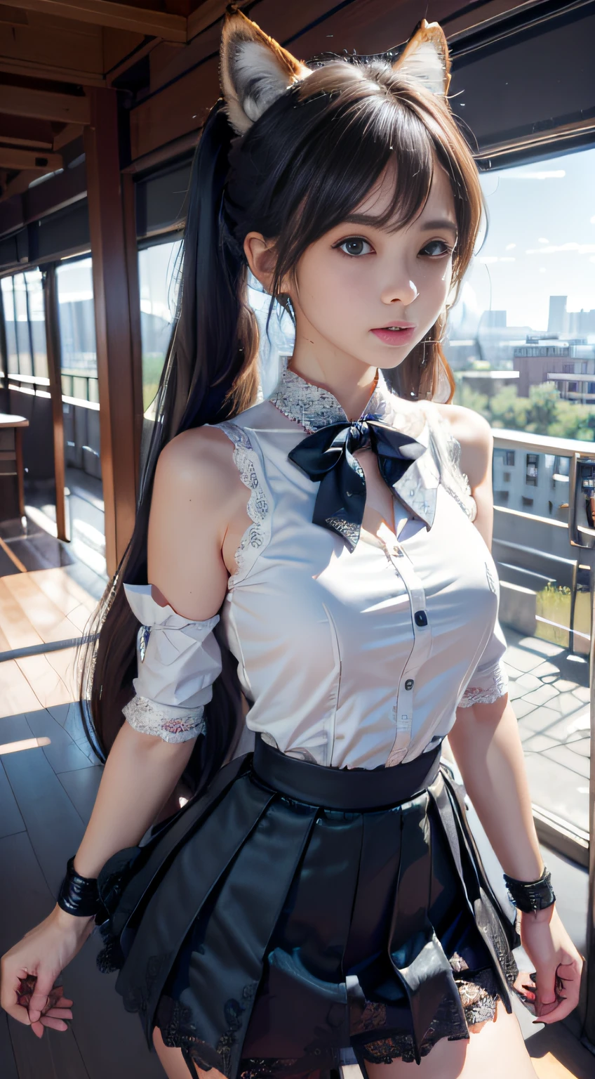 tmasterpiece， best qualtiy， ultra - detailed， RAW photogr， （realisticlying：1.4）， High-speed rail top clouds， 1girll， 独奏， By bangs， （fox ear）， mediuml breasts， clothing cutout，Hollow-out on， Animal ear， girl fox， Silk lace skirt skirt， pony tails， neck bowtie， shift dresses， （bangle）， jewely，， Separate the sleeves， （blue bracelet）， White sleeves， The shirt， sleeveless shirts， Golden decoration， Pink lace skirt， （coda， fox tails）， 耳Nipple Ring， dynamic angle， Outdoor deep forest，