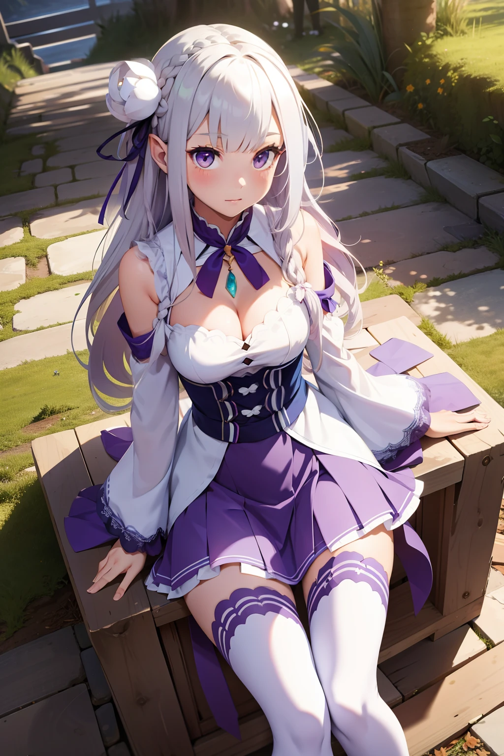 1girl, solo, Emilia, emilia_\(re:zero\), long hair, silver hair, blunt bangs, braid, hair ornament, hair flower, hair ribbon, purple ribbon, purple eyes, blush, low-tied long hair, elf, dress, bare shoulders, detached sleeves, wide sleeves, cleavage, pleated skirt, thighhights, white legwear, white shoes, outdoors, (masterpiece:1.2), highres, best quality, 8k, very clear,