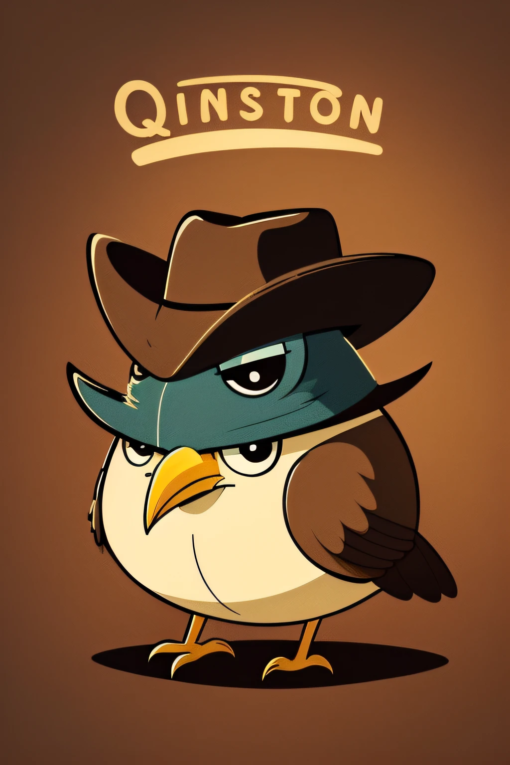 (Hand drawn cartoon style)，(No shadow effect)，(best qualtiy)，Bird animals that look like western cowboys，Q version image，cowboy hat