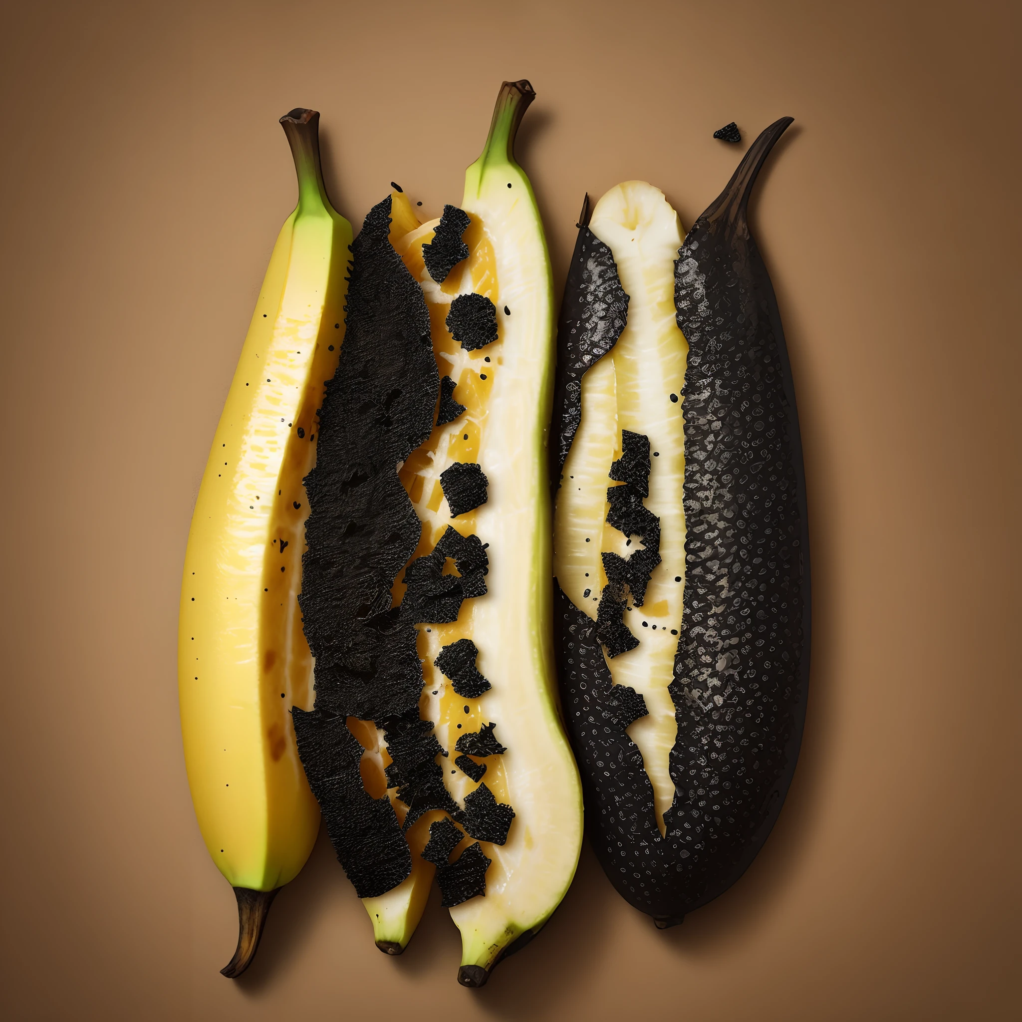 The banana peel is covered with small black dots,But it was peeled off
