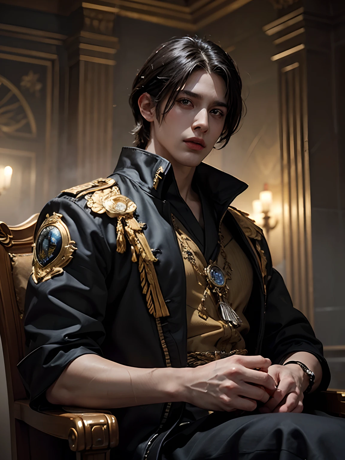 1man, smirk, sit on throne, solo focus, adult, pale and young adult face, short black hair, black silk robe with golden lining, palace, realistic, dynamic pose realistic, detailed and correct facial structure, dark atmosphere, blades ornaments, LEON S. KENNEDY, handsome, attractive, slightly muscular, cinematic lighting, unreal engine, trending on ArtStation, intricate details,  masterpiece, best quality, by Irakli Nadar, Greg Rutkowski，(((best quality))),(((ultra detailed))),(((masterpiece)))