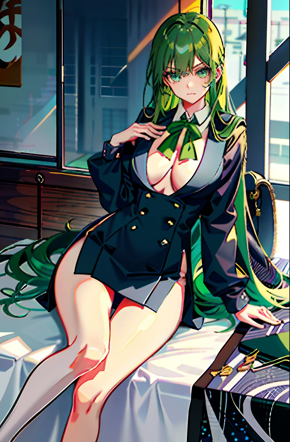 Kizi, highr, high school senior,pupils,Green hair,Green hair color,Bluish cast, Open chest and breasts,Blue_and_Green hair, Detailed beautiful eyes,navy blue eyes, evilsmile, medium boob, Open navel,Bigchest ,Big breasts Thin waist,teens girl,Tsundere,haughty,medium thigh,Fleshy legs, Long legs,校服, Japan School Uniform,JK school uniform,Long black stockings,Hi Silk, Detailed clothes, tmasterpiece,charact,Dejected,Hi Yinran,Dull hair,