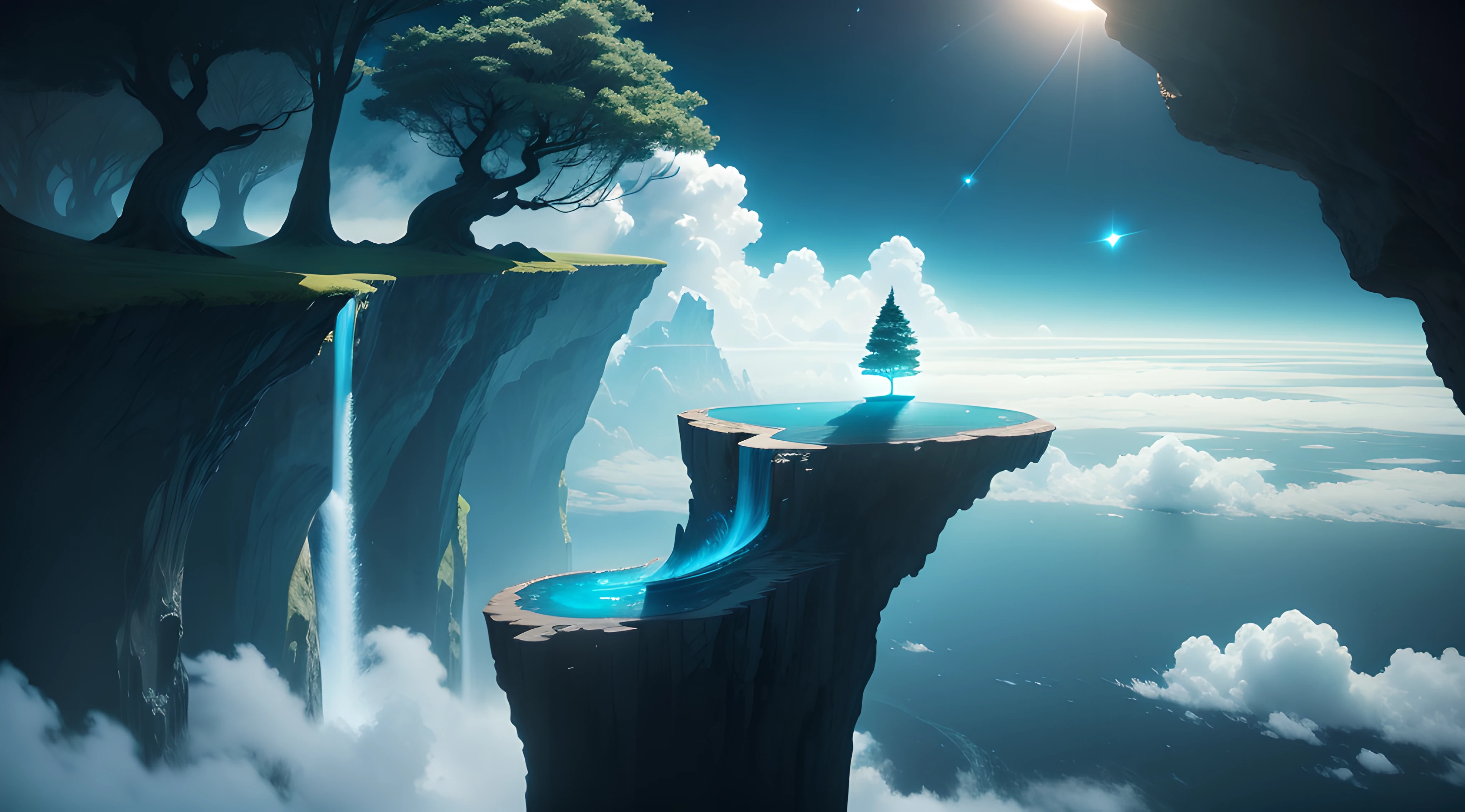 A single tree on the edge of a giant cliff above the clouds. Beautiful ocean with white crested waves. Visible planets. Blue. Sci-fi.