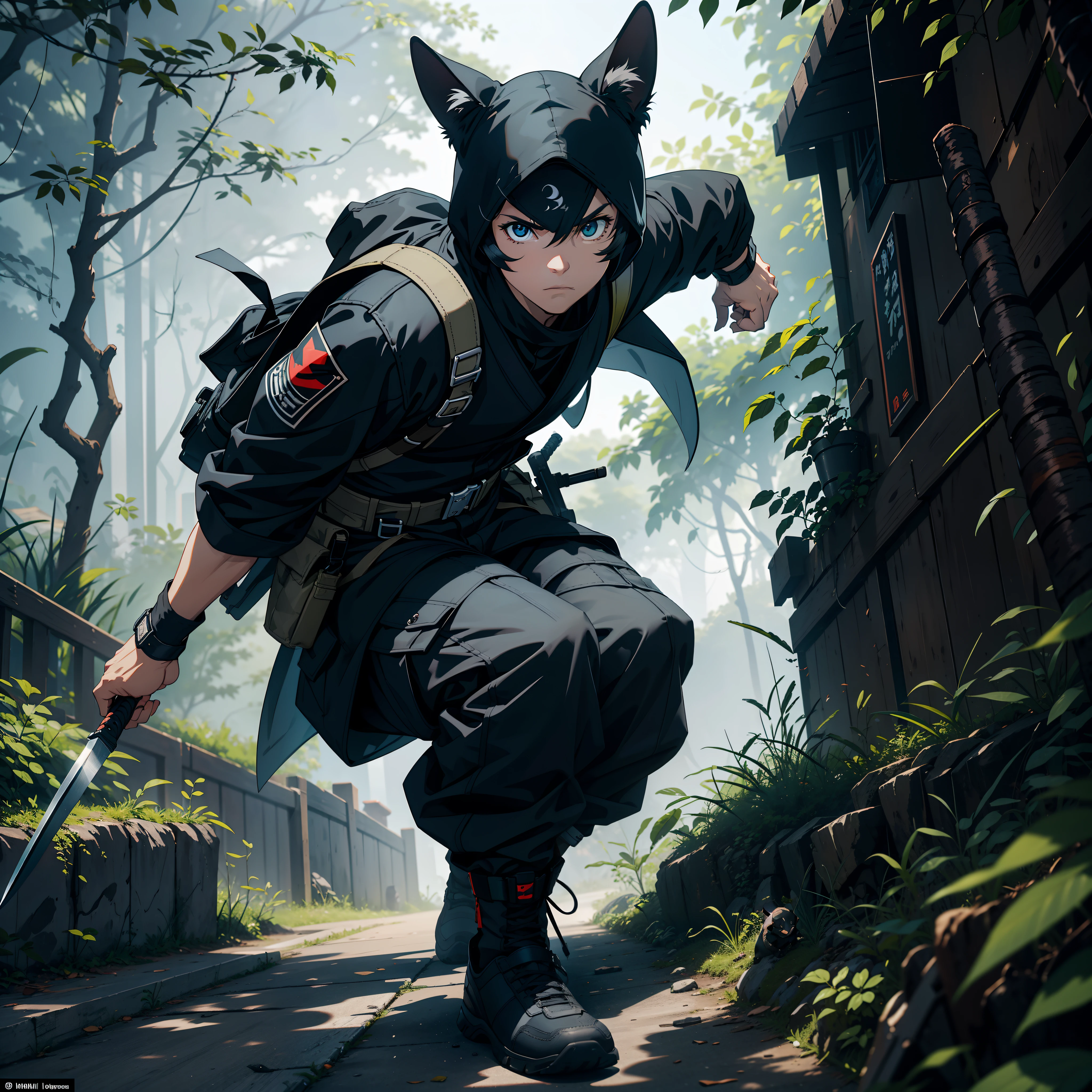 A small ninja dog with a sleek and agile build. Despite its small size, it possesses undeniable determination and a remarkable set of ninja skills. Its appearance often combines the endearing charm of a dog with the sleekness and agility associated with a ninja. The dog's coat is usually depicted in black, providing excellent camouflage in shaded and dark environments. The coat is of medium length, allowing freedom of movement in its stealthy action. The eyes are usually bright and alert, reflecting its keen senses and keen perception. They often exude intelligence, wear a small, lightweight vest or harness, and carry a variety of tools and gadgets. These accessories may include small pouches for carrying shurikens or other ninja weapons, as well as compartments for small items needed to complete missions. Fighting pose, holding a long knife